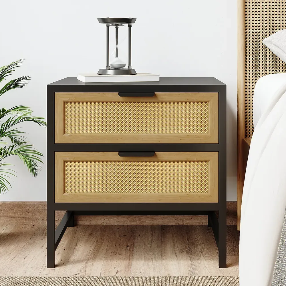 Wood Nightstand with Rattan Drawers image
