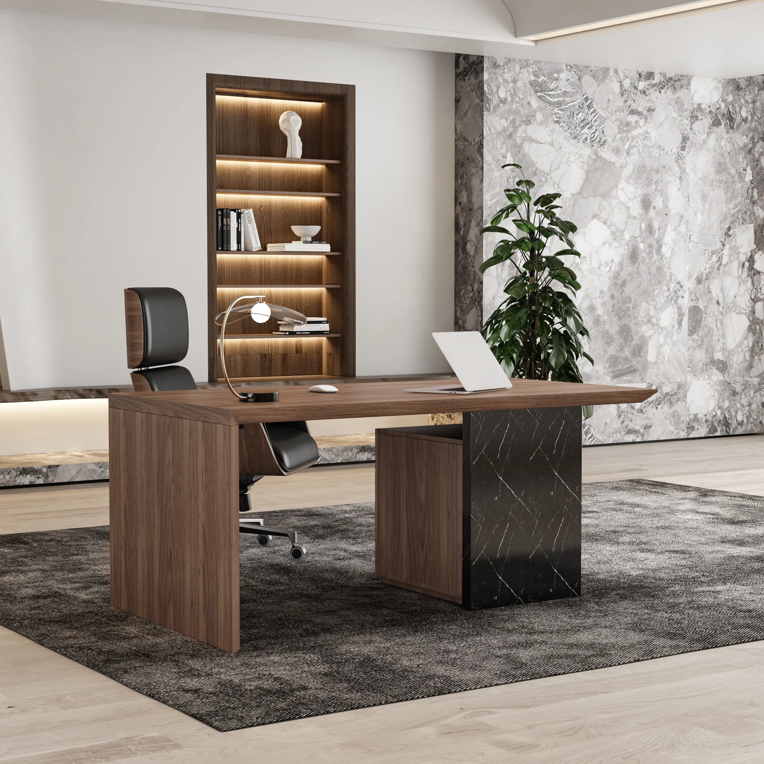 Wooden Desk with Office Chair Set - Walnut, Faux Leather