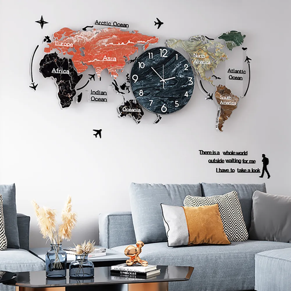 World Map Wall Clock with LED Display - Acrylic, Glass