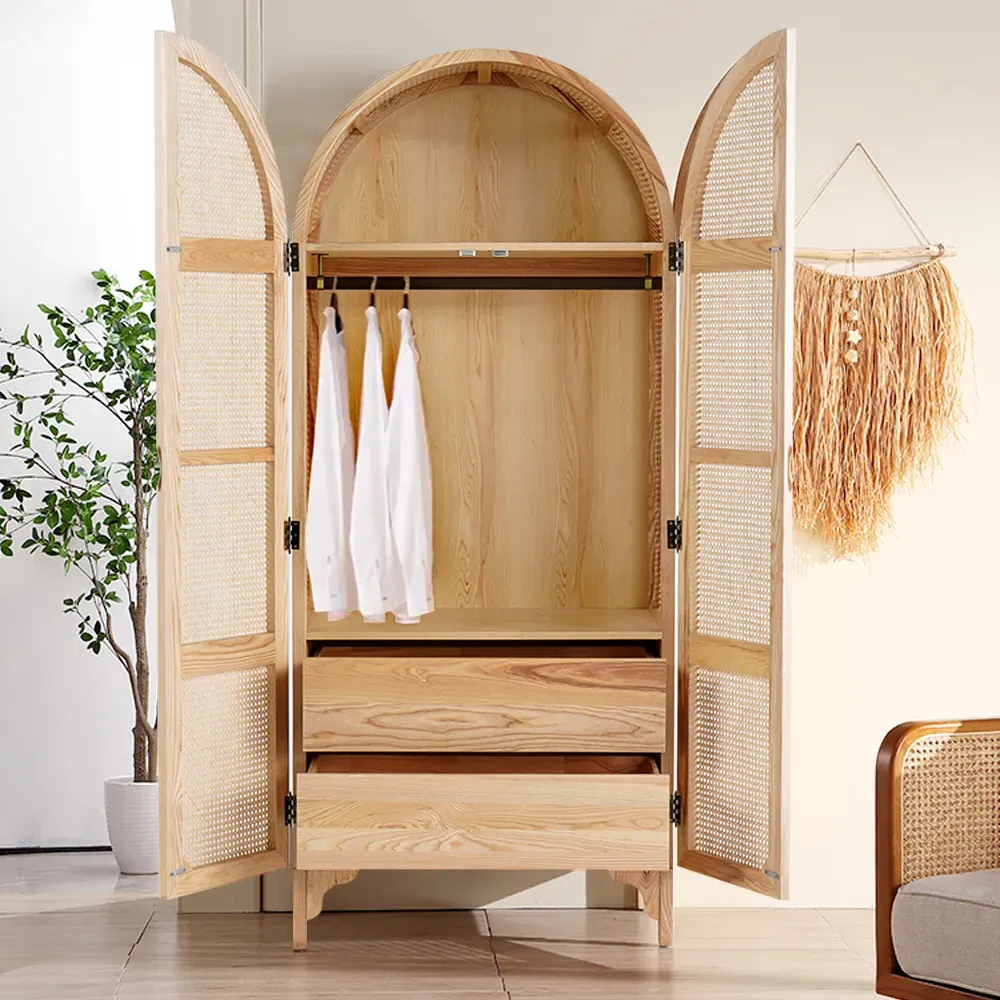 Woven Rattan Bedroom Armoire with 2 Doors and Drawers image