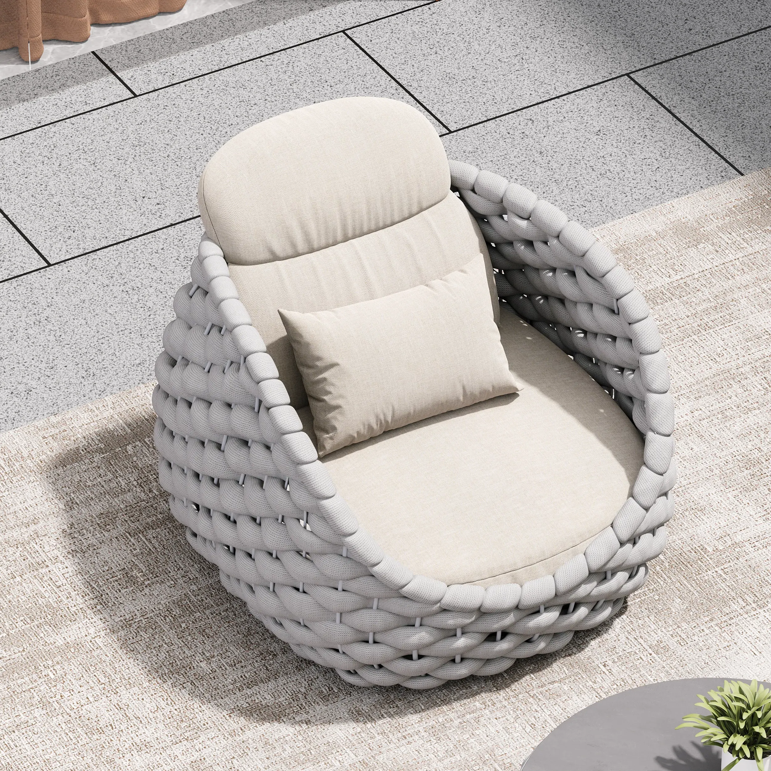 Woven Rope Outdoor Armchair with Cushion - Light Gray