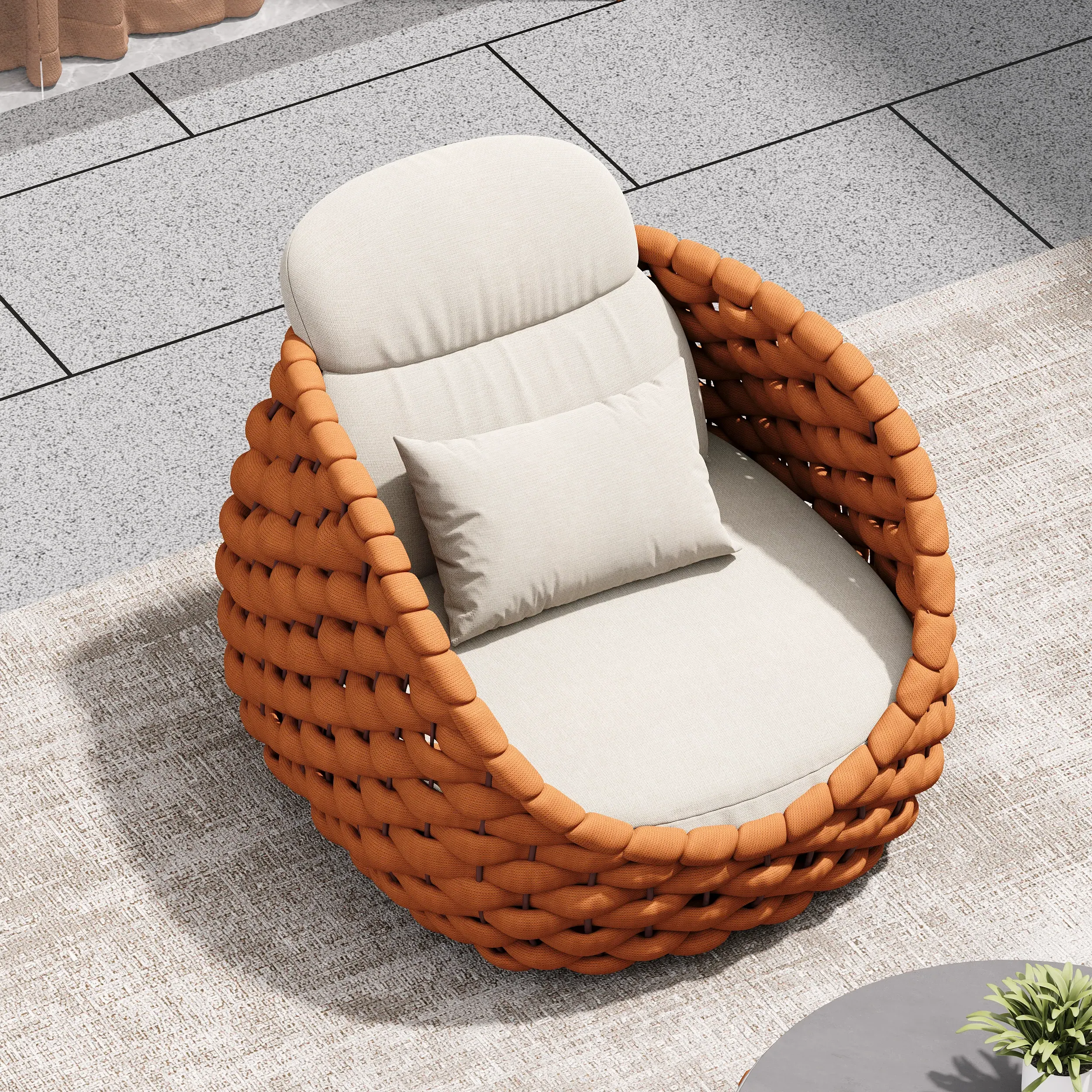 Woven Rope Outdoor Armchair with Cushion - Orange