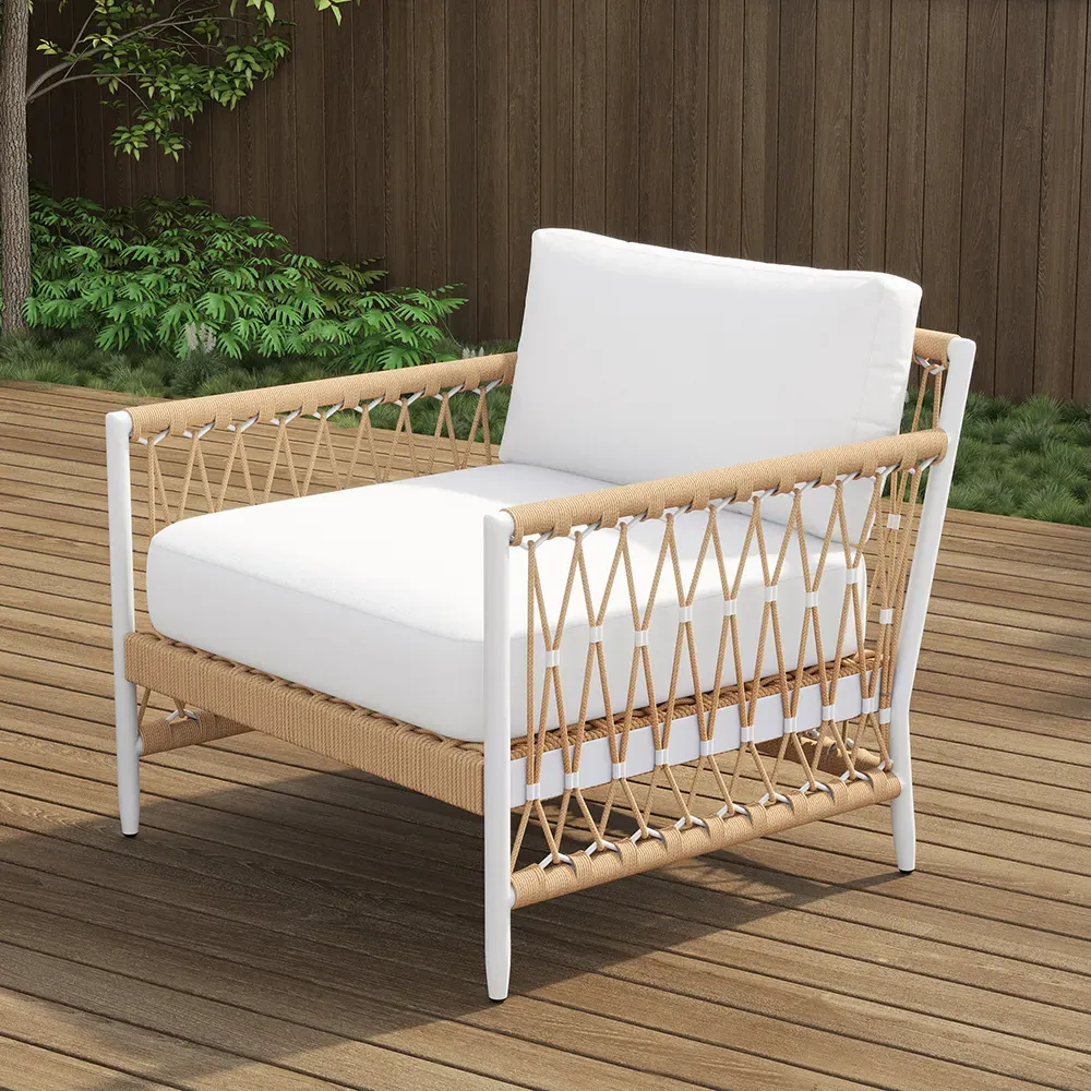 Woven Rope Outdoor Armchair with Cushion - White, Khaki image