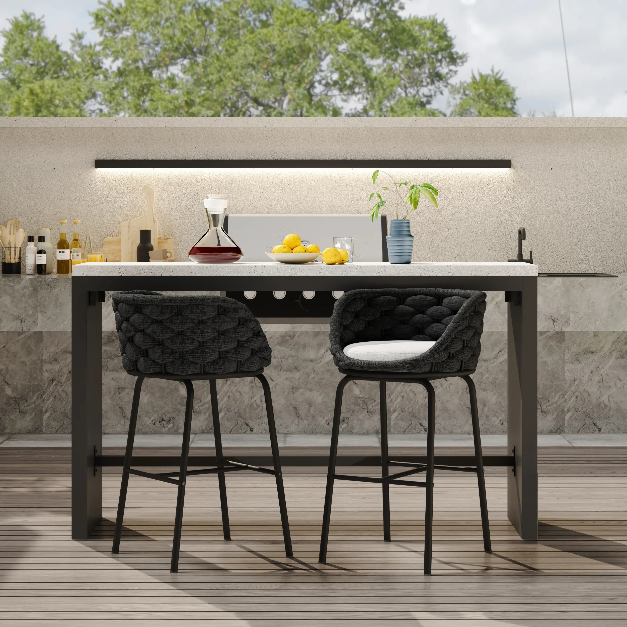 Woven Rope Patio Bar Stool with Swivel - Dark Gray, Aluminum