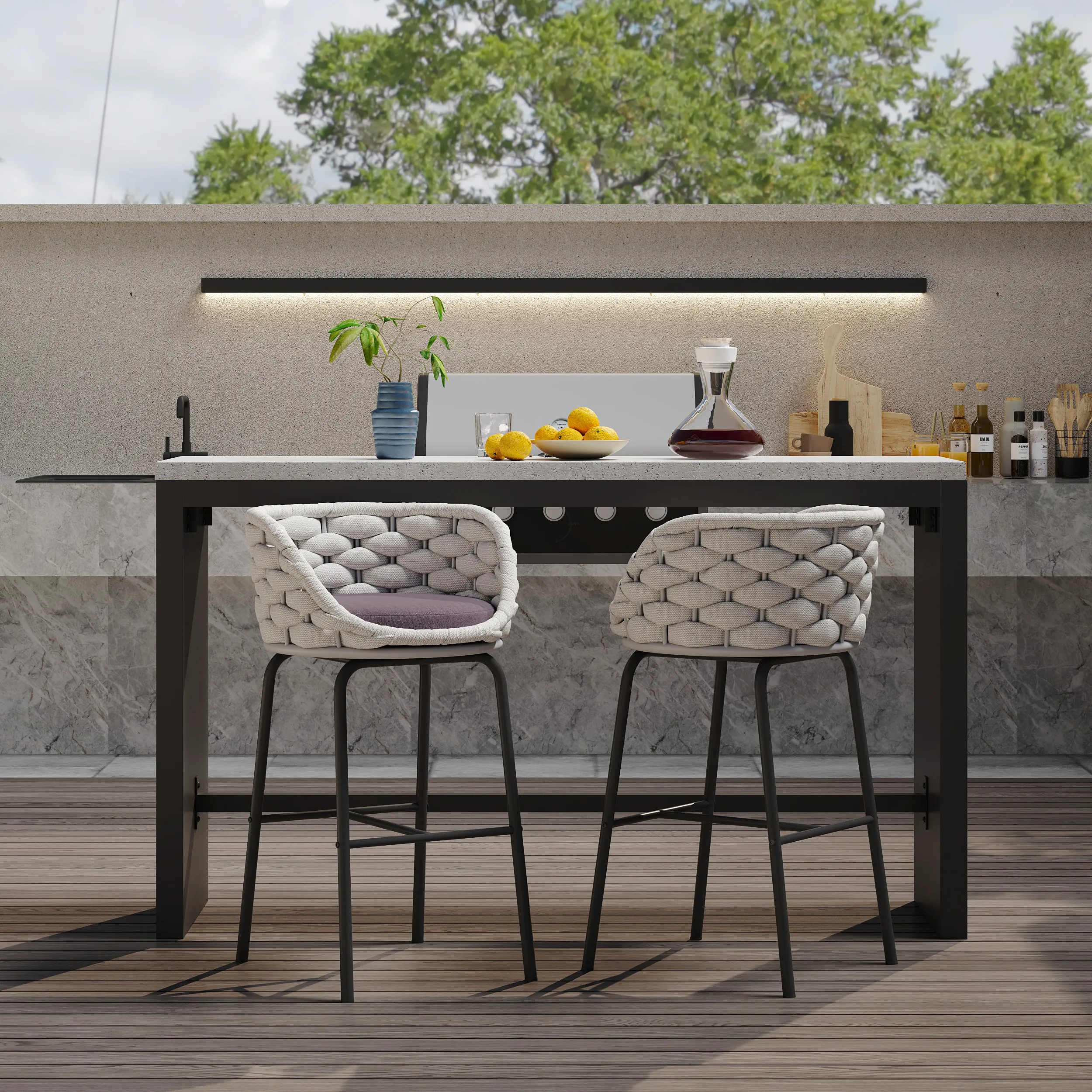 Woven Rope Patio Bar Stool with Swivel - Gray, Aluminum image