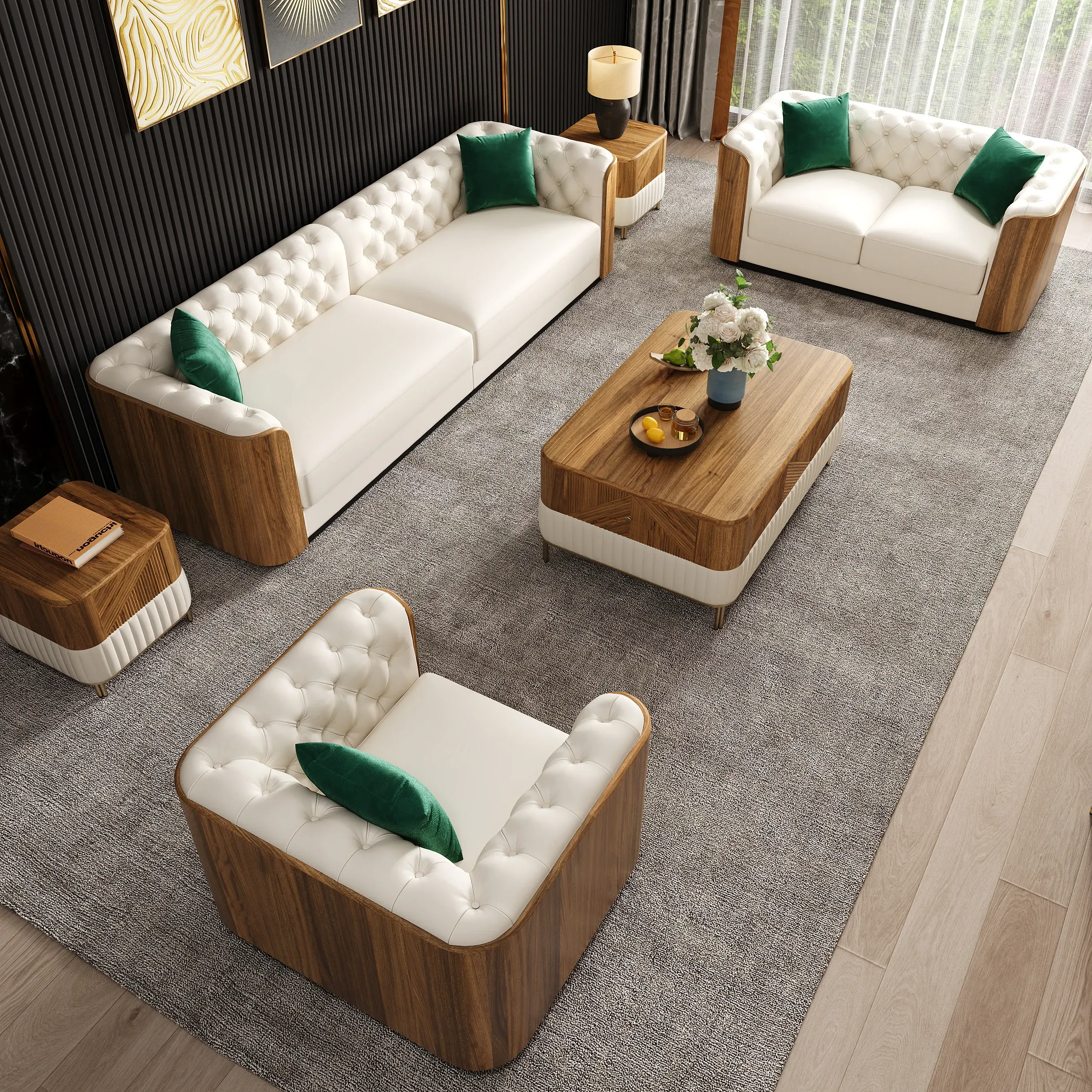 Wovent 3-Piece Tufted Sofa Set - Beige, Faux Leather