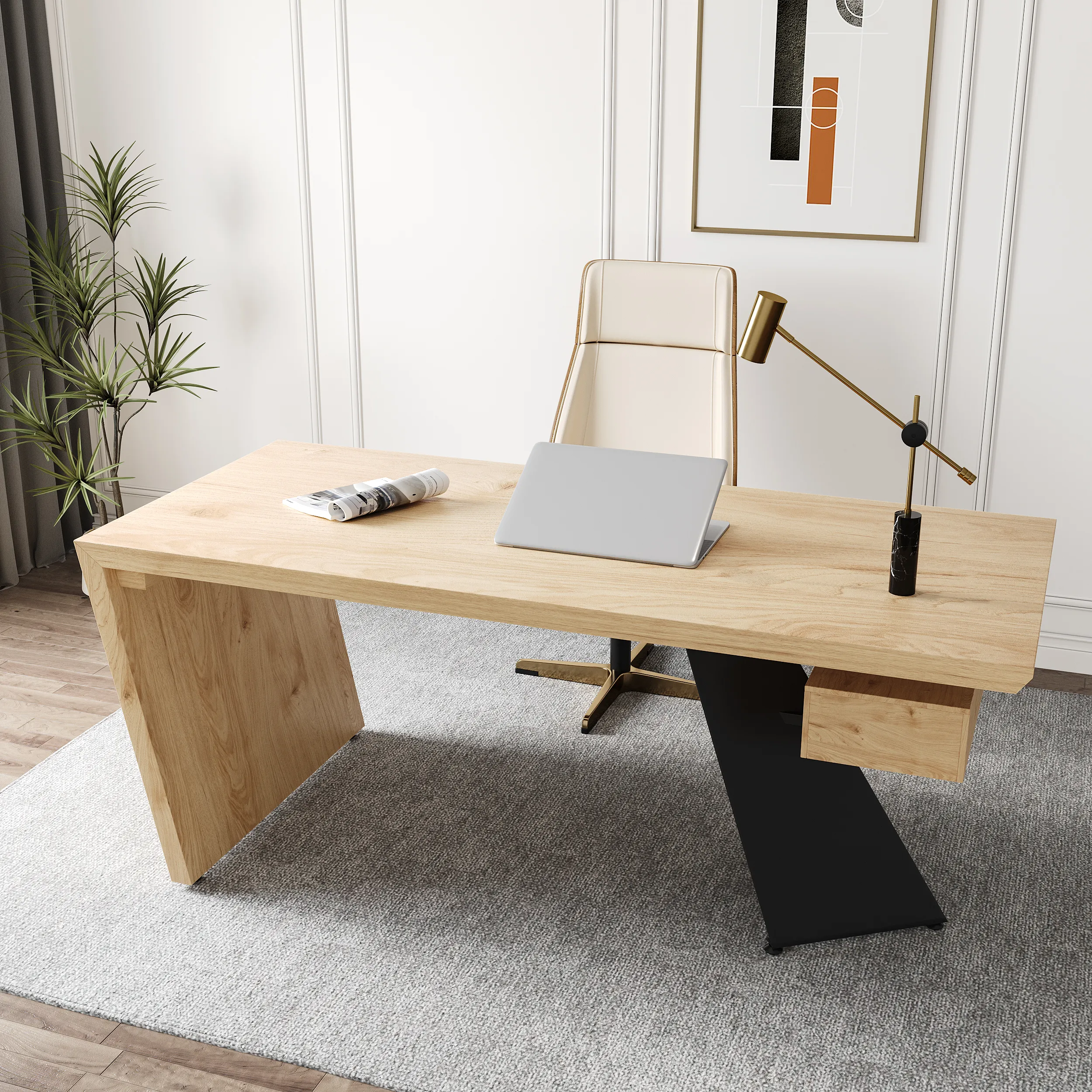 Writing Desk & Office Chair Set with Storage - Pine Wood image