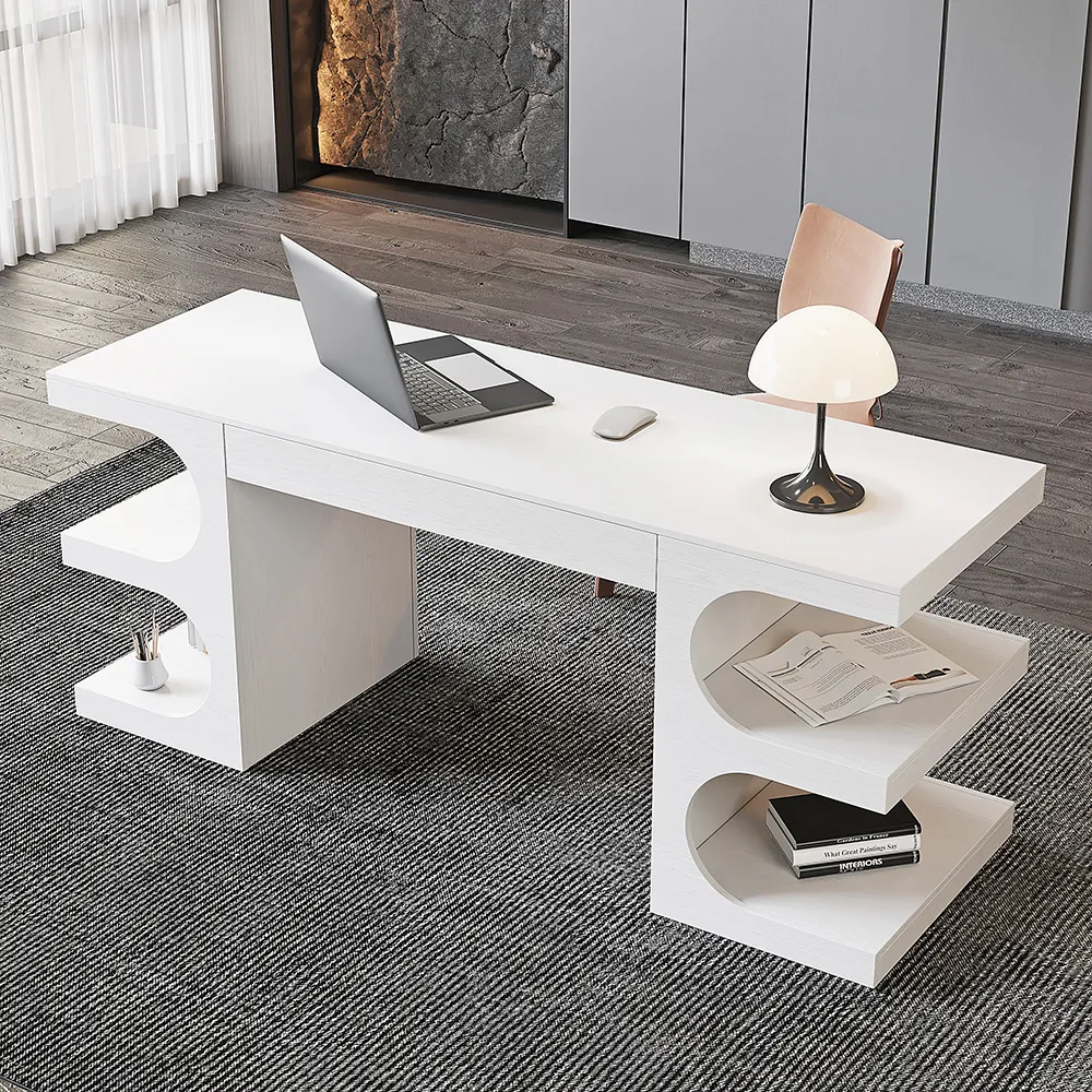 Writing Desk with Drawer and Shelves - White image