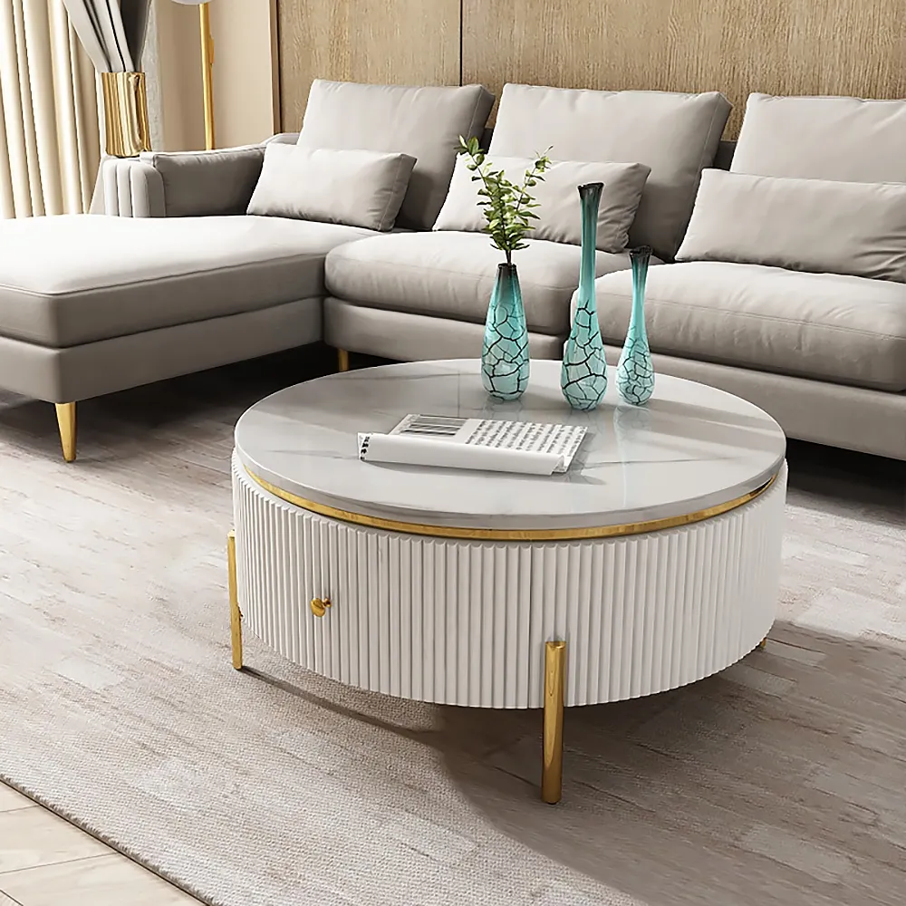 Yelly Round Coffee Table with Storage - Gold, Sintered Stone image