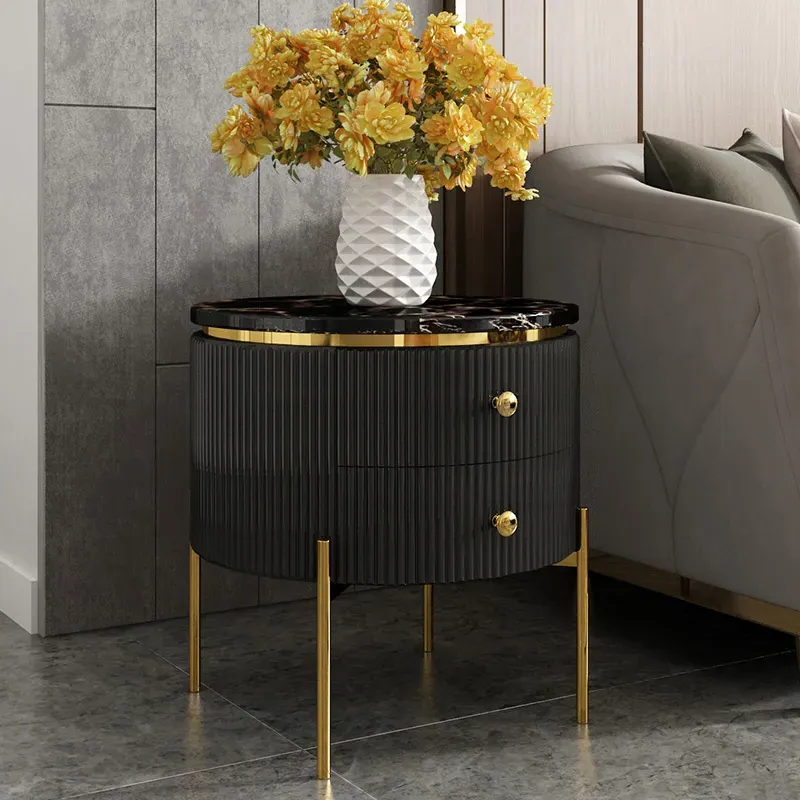 Yelly Round End Table with Storage - Black, Faux Marble image