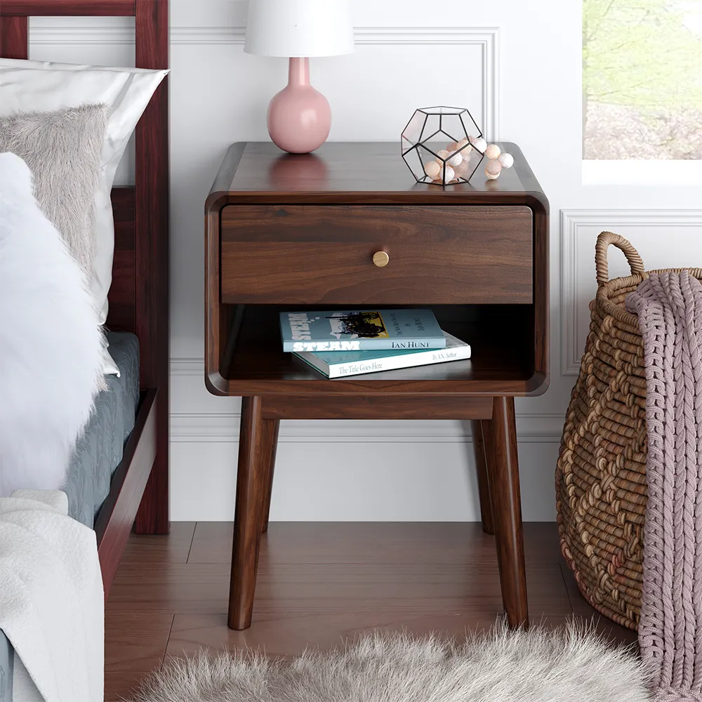 1-Drawer Walnut Nightstand with Brass Pull - Walnut, Wood product