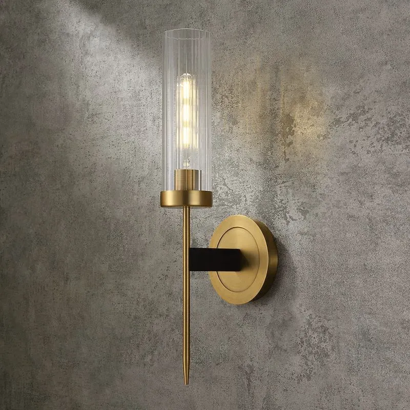 1-Light Cylinder Ribbed Glass Wall Sconce - Black, Metal product