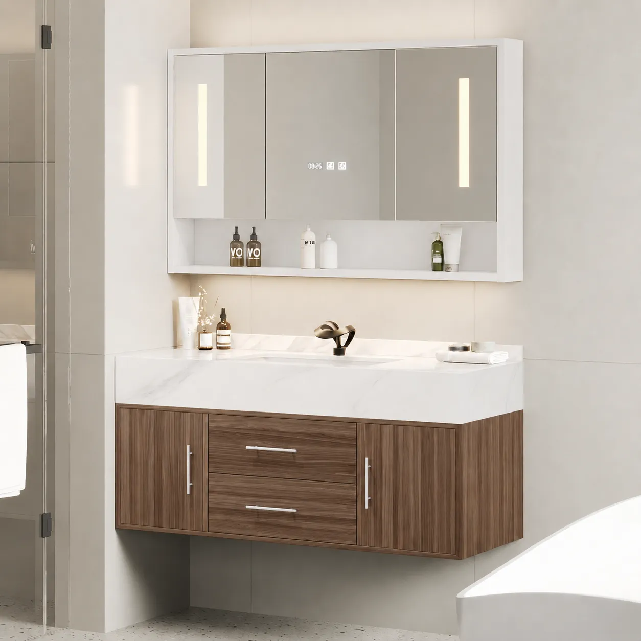 100cm Bathroom Vanity & LED Mirror Cabinet Set - Walnut product