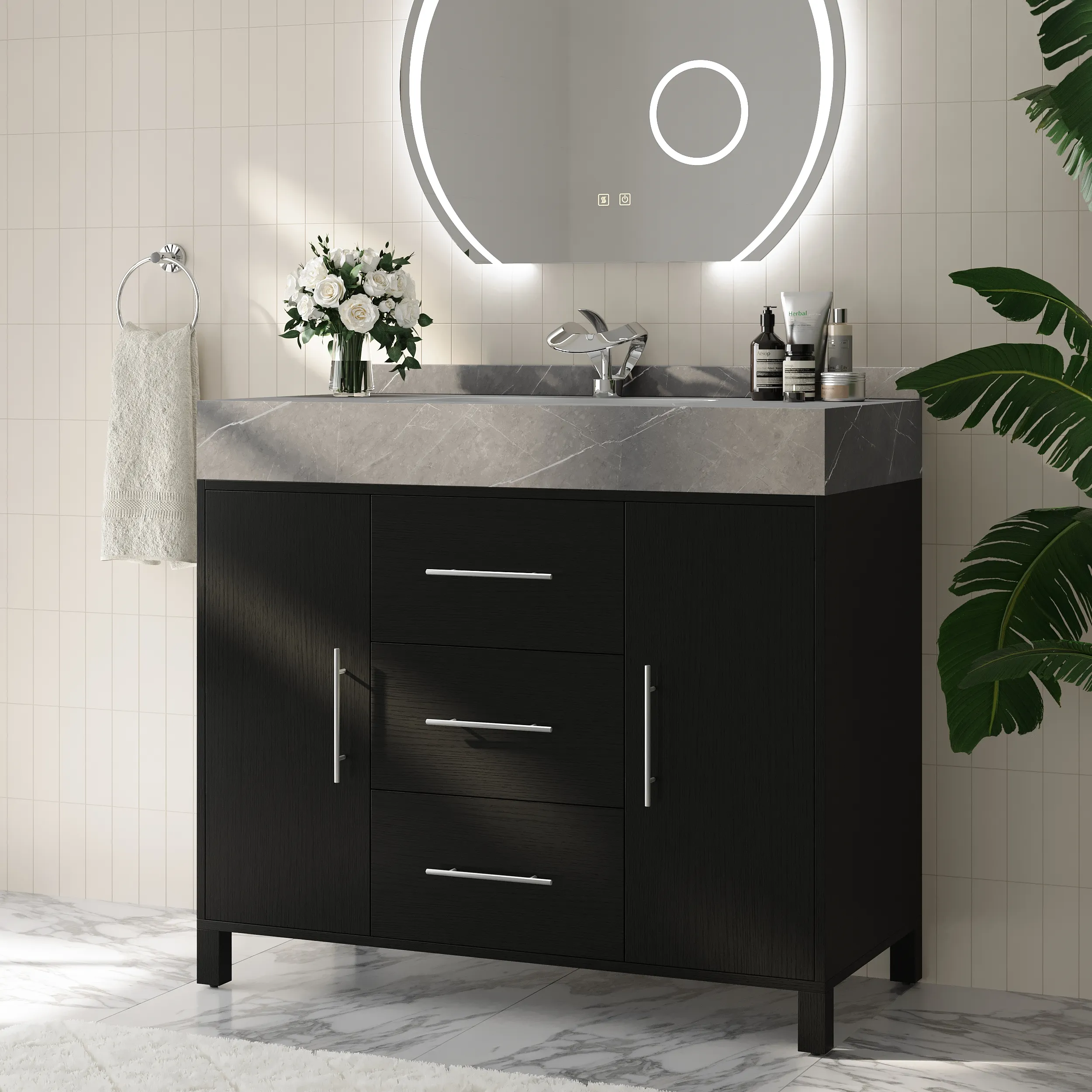 100cm Freestanding Bathroom Vanity with Drawers - Black, Sintered Stone product