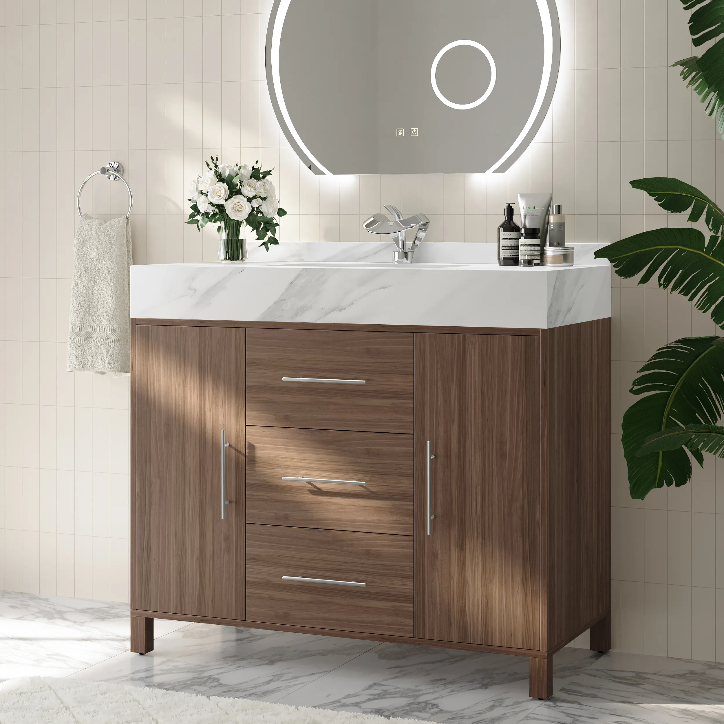 100cm Freestanding Bathroom Vanity with Sintered Stone Top - Walnut product