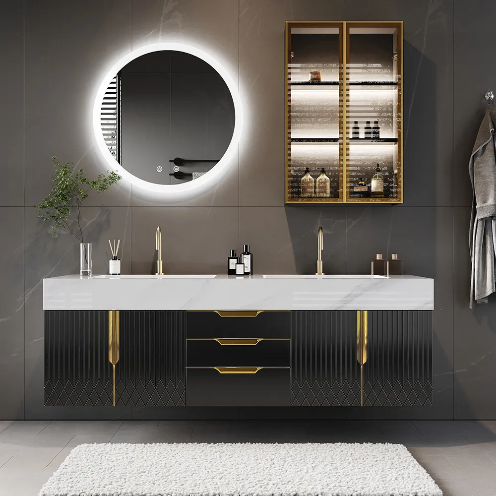 150cm Double Sink Bathroom Vanity Wall Mounted - Glossy Black, Cultured Marble product