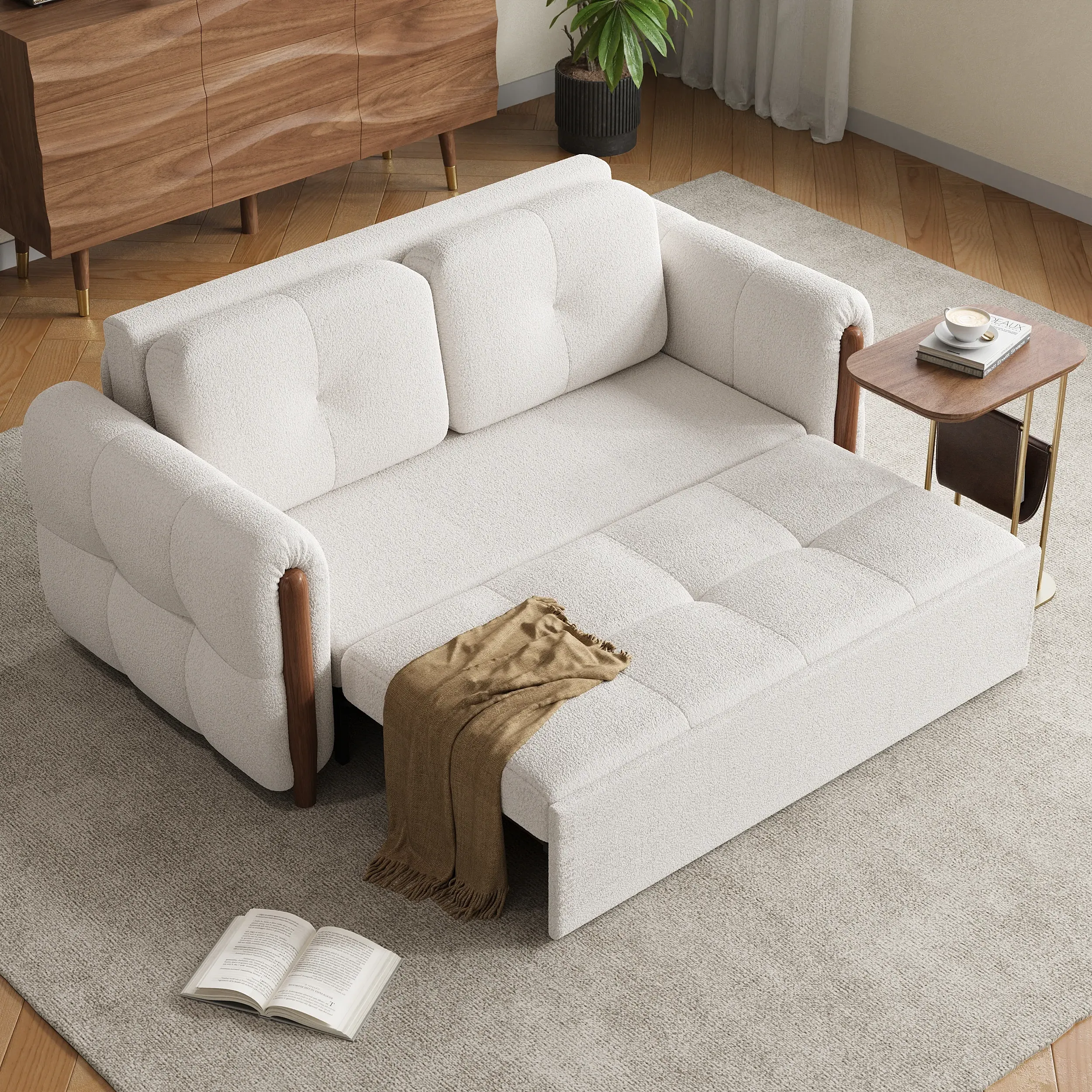 160 cm 2-Seater Boucle Futon Sofa Bed with Storage - Ash Wood product