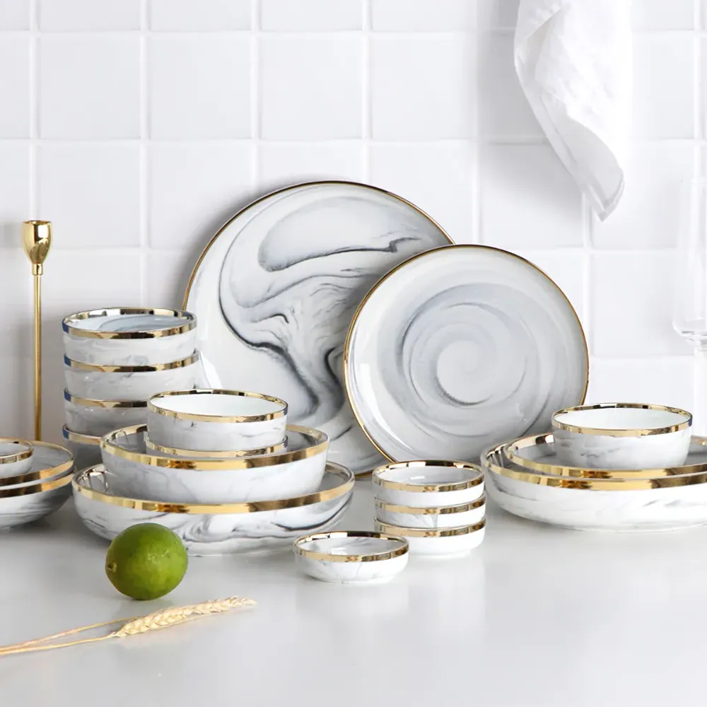 18-Piece Dinnerware Set with Gold Rim - White, Ceramic product