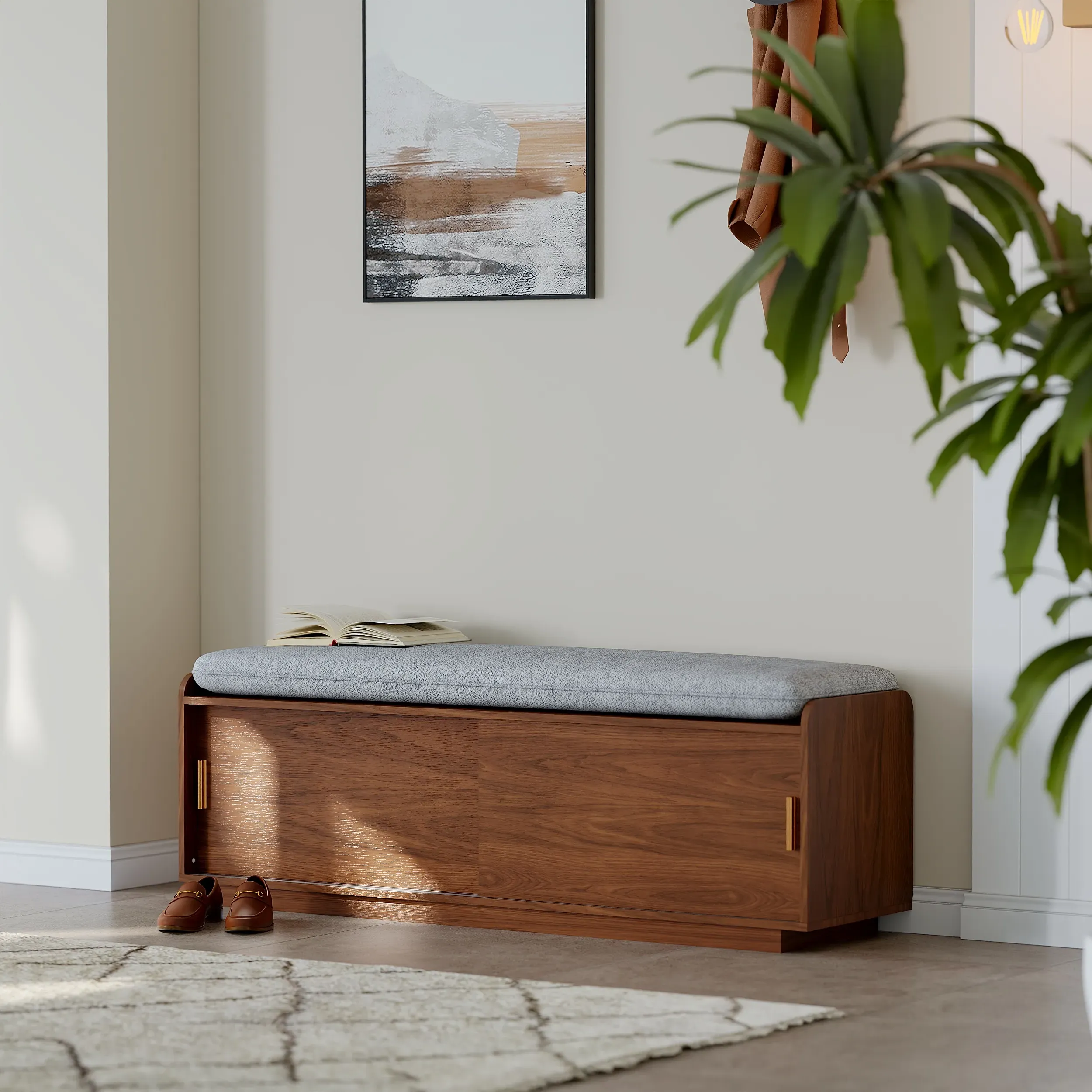 2-Door Shoe Storage Bench with Cushioned Seat - Walnut, Engineered Wood product