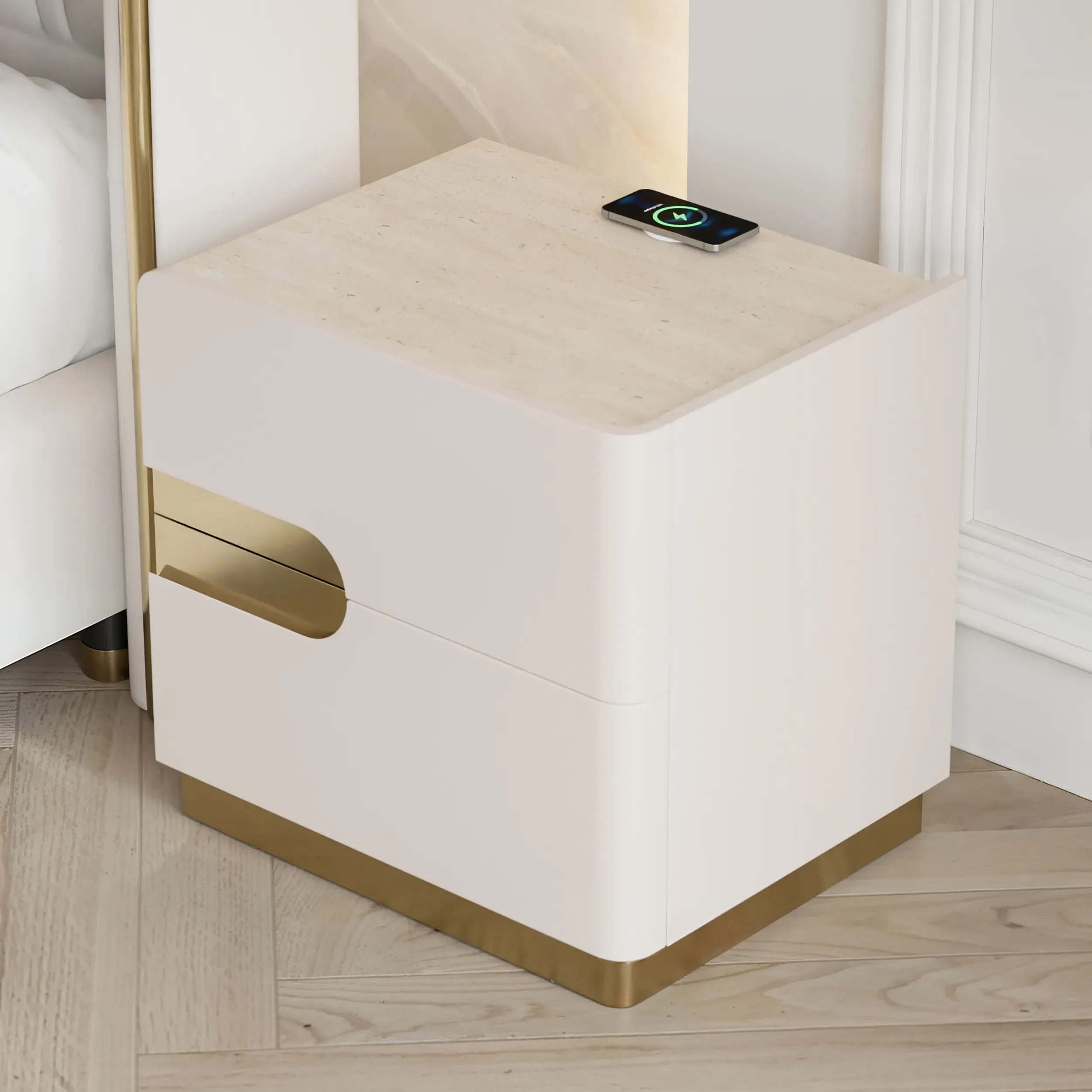 2-Drawer Bedside Table with Charging Station - Ivory, Sintered Stone product