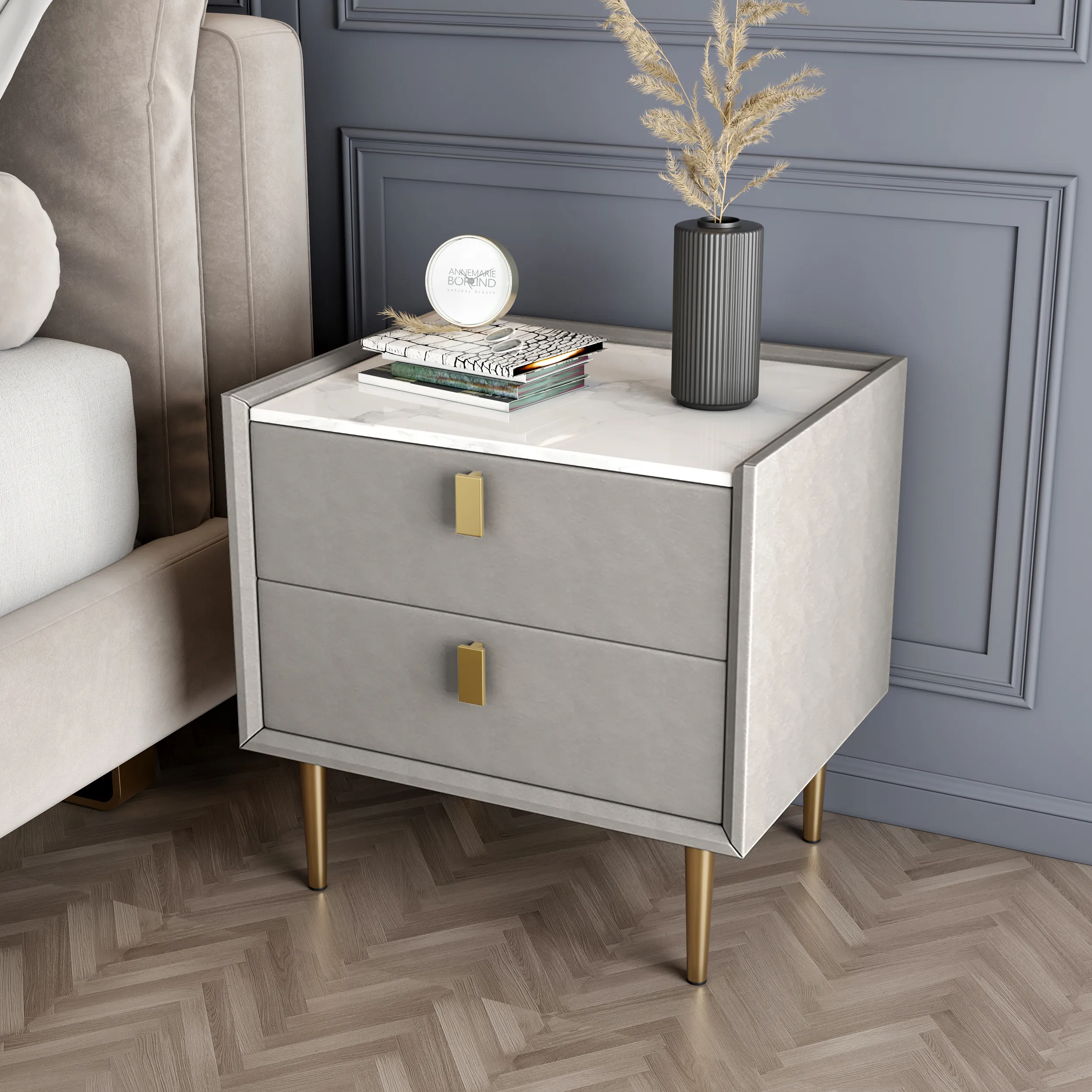 2-Drawer Bedside Table with Sintered Stone Top - Light Gray, PU Leather product