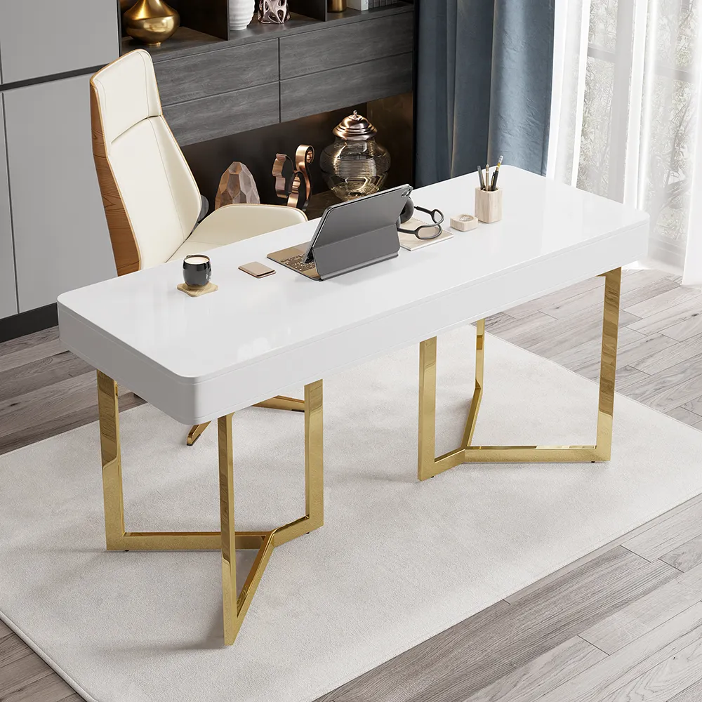 2-Drawer Writing Desk with Gold Tripod Base - White, Stainless Steel product