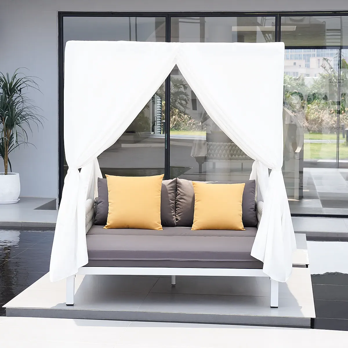2-Person Outdoor Daybed with Canopy Curtains - White, Aluminium product