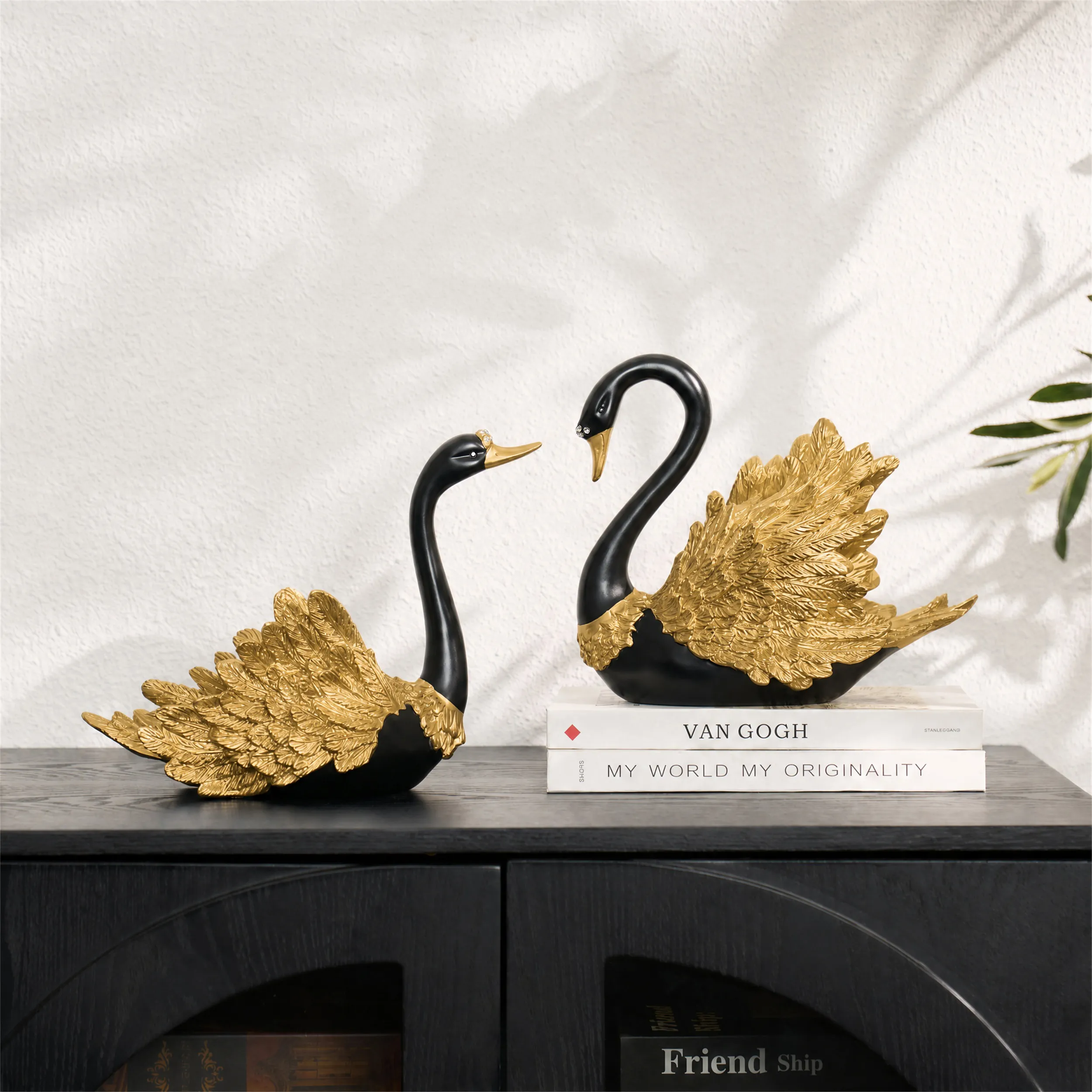 2-Piece Swan Figurine Storage Set - Black & Gold, Resin product