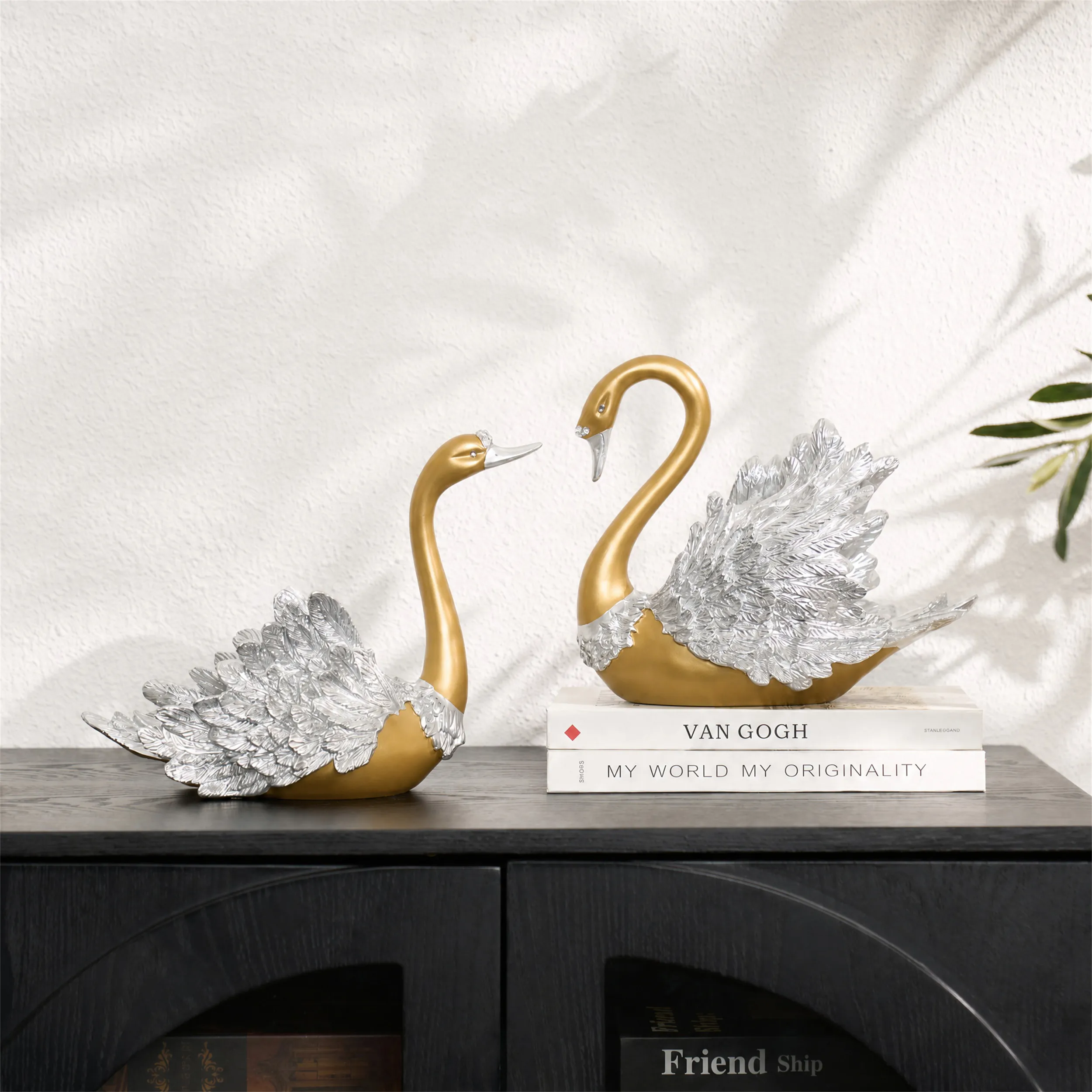 2-Piece Swan Figurines Decorative Storage Set - White, Gold, Resin product