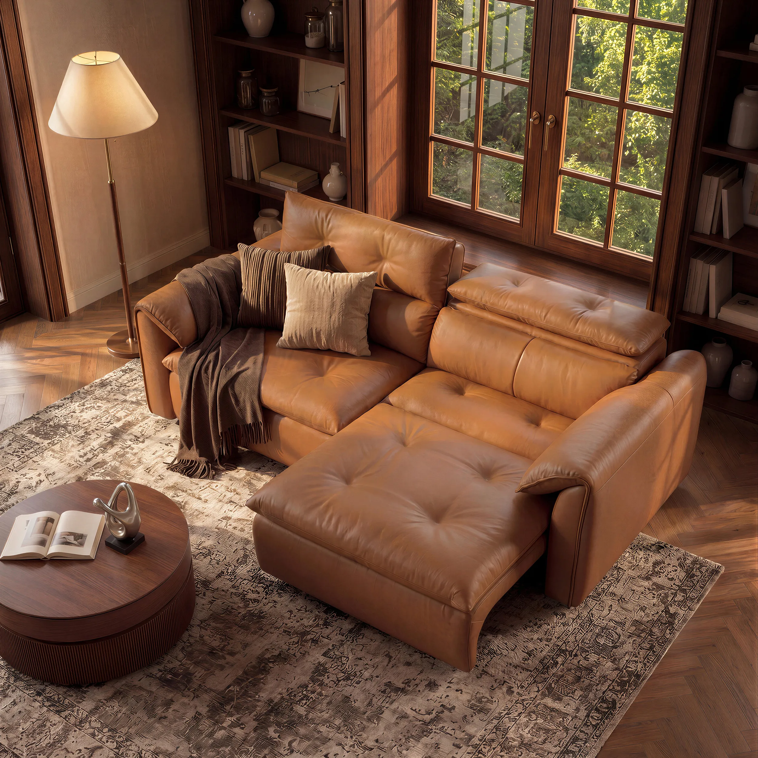 2-Seater Power Convertible Sleeper Sofa with Adjustable Headrests - Camel, Genuine Leather product