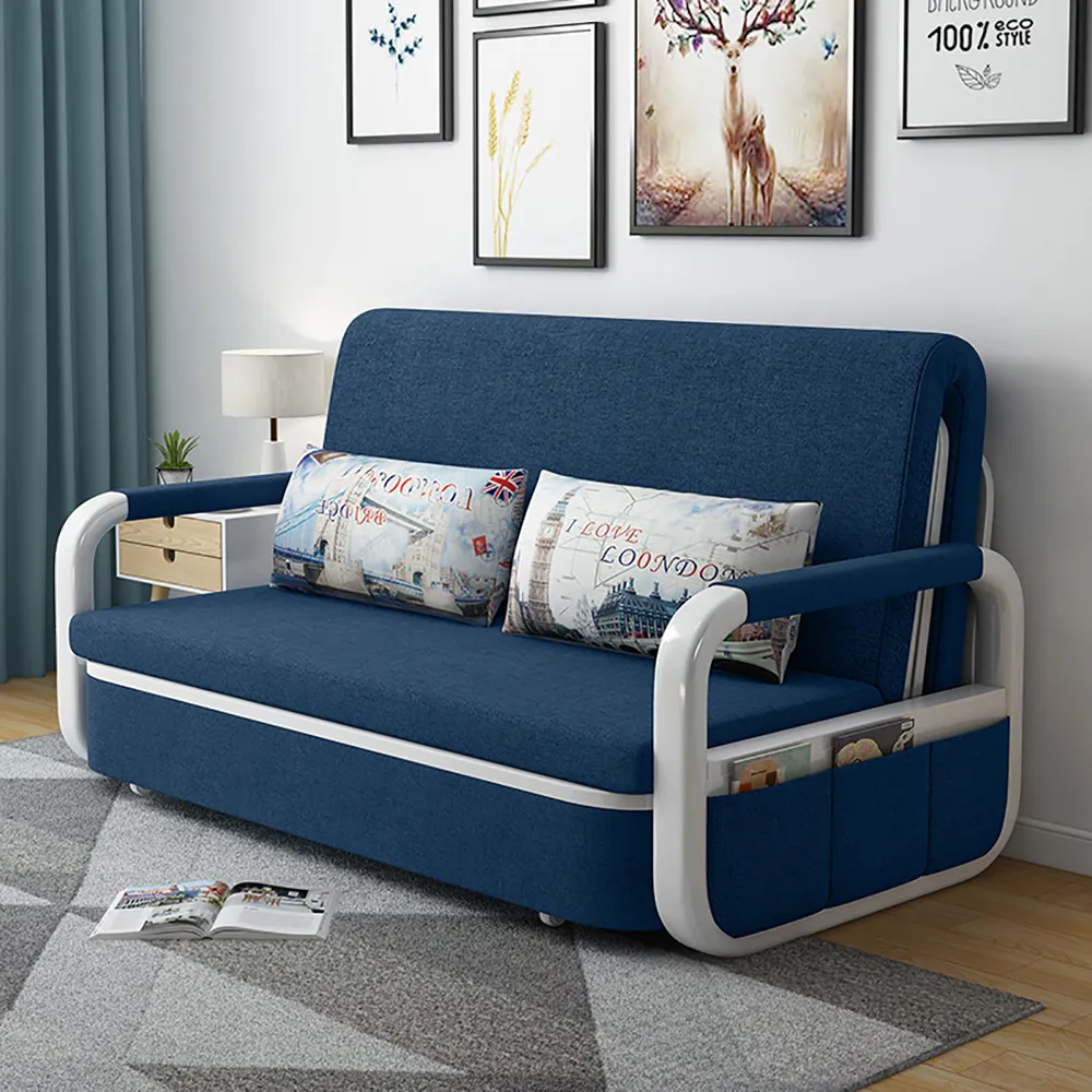 2-Seater Sofa Bed with Storage - Blue, Cotton & Linen product