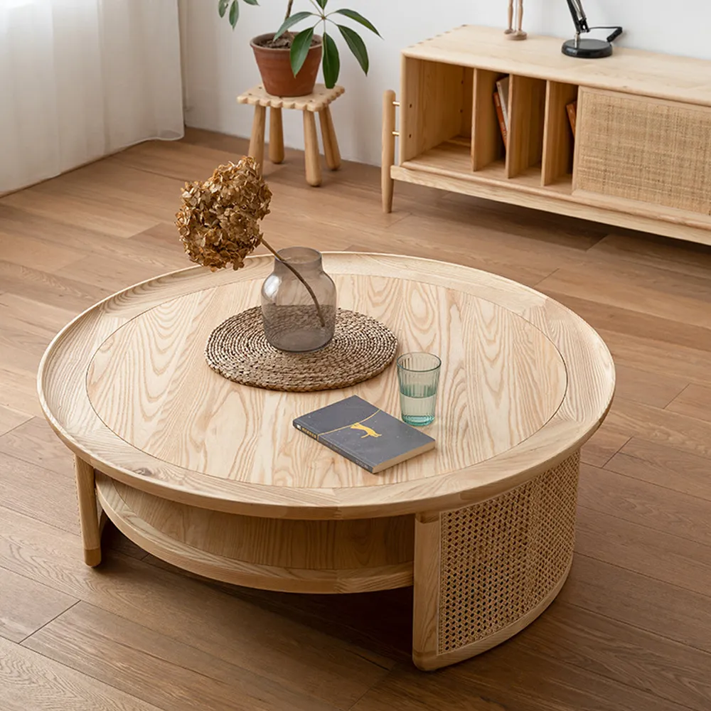2-Tier Round Coffee Table with Rattan Base - Natural product