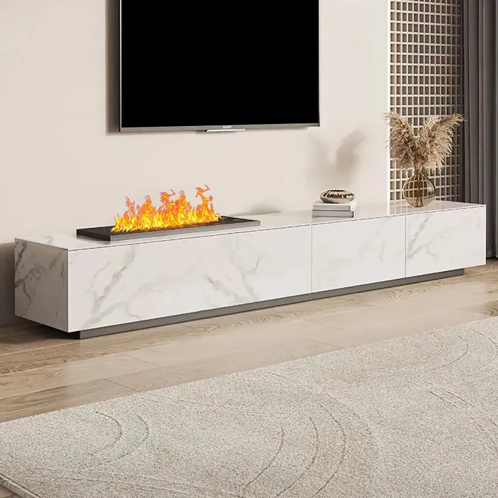 200cm Electric Fireplace Humidifier TV Stand - Glossy White, Sintered Stone product