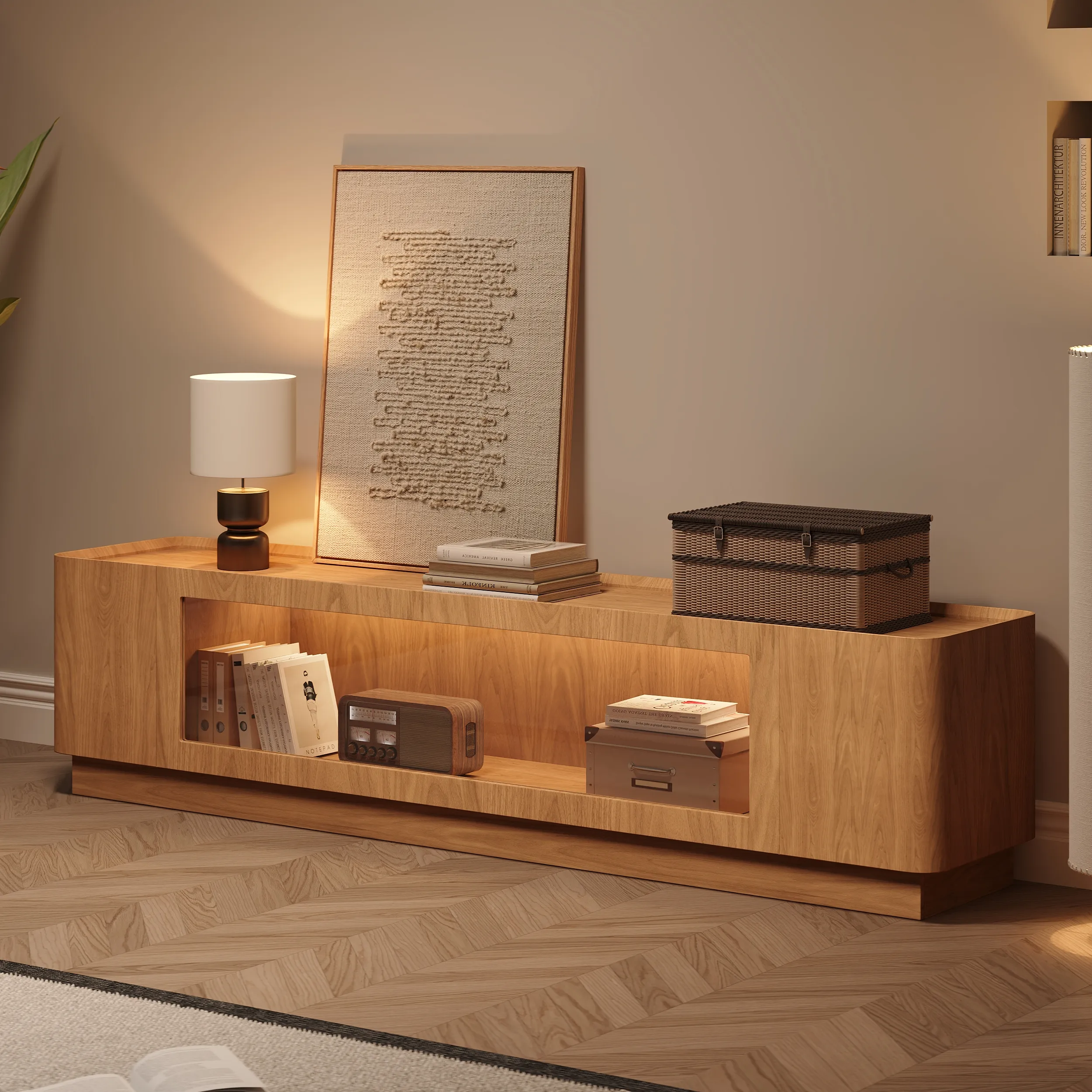 200cm TV Stand with Glass Door, Storage & LED - Natural, Ash Veneer product