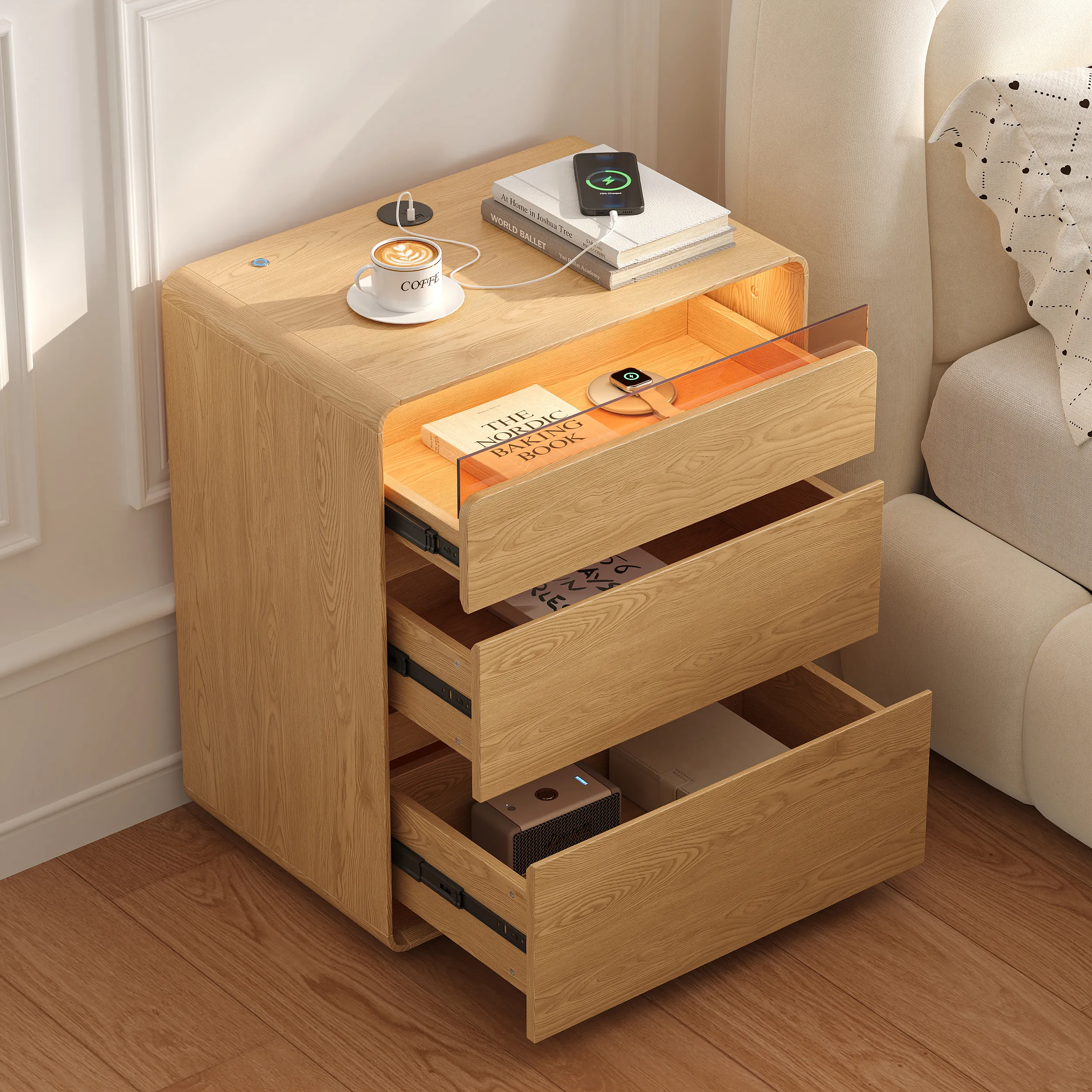 3-Drawer Bedside Table with LED Lighting & Sensor Charging - Natural, Wood product