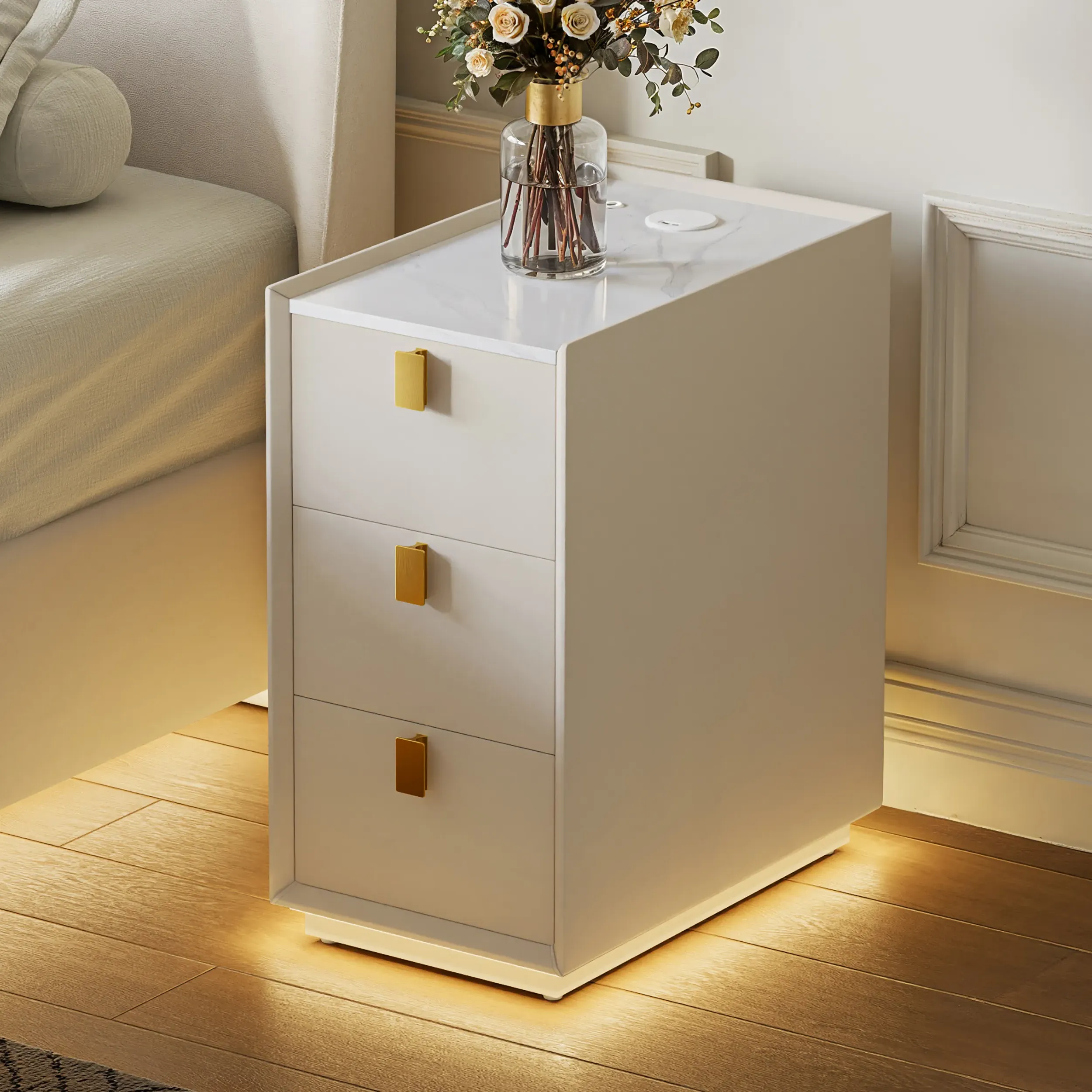 3-Drawer Narrow Bedside Table with Charging Station - White, Faux Leather product
