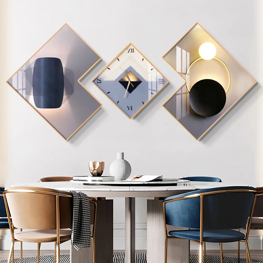 3-Piece Geometric Wall Clock & Canvas Set - Black, Gold Aluminium product