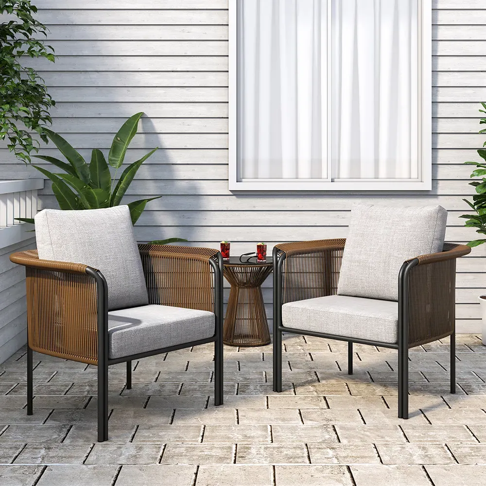 3-Piece Outdoor Rattan Sofa Set with Glass Top Coffee Table - Coffee product