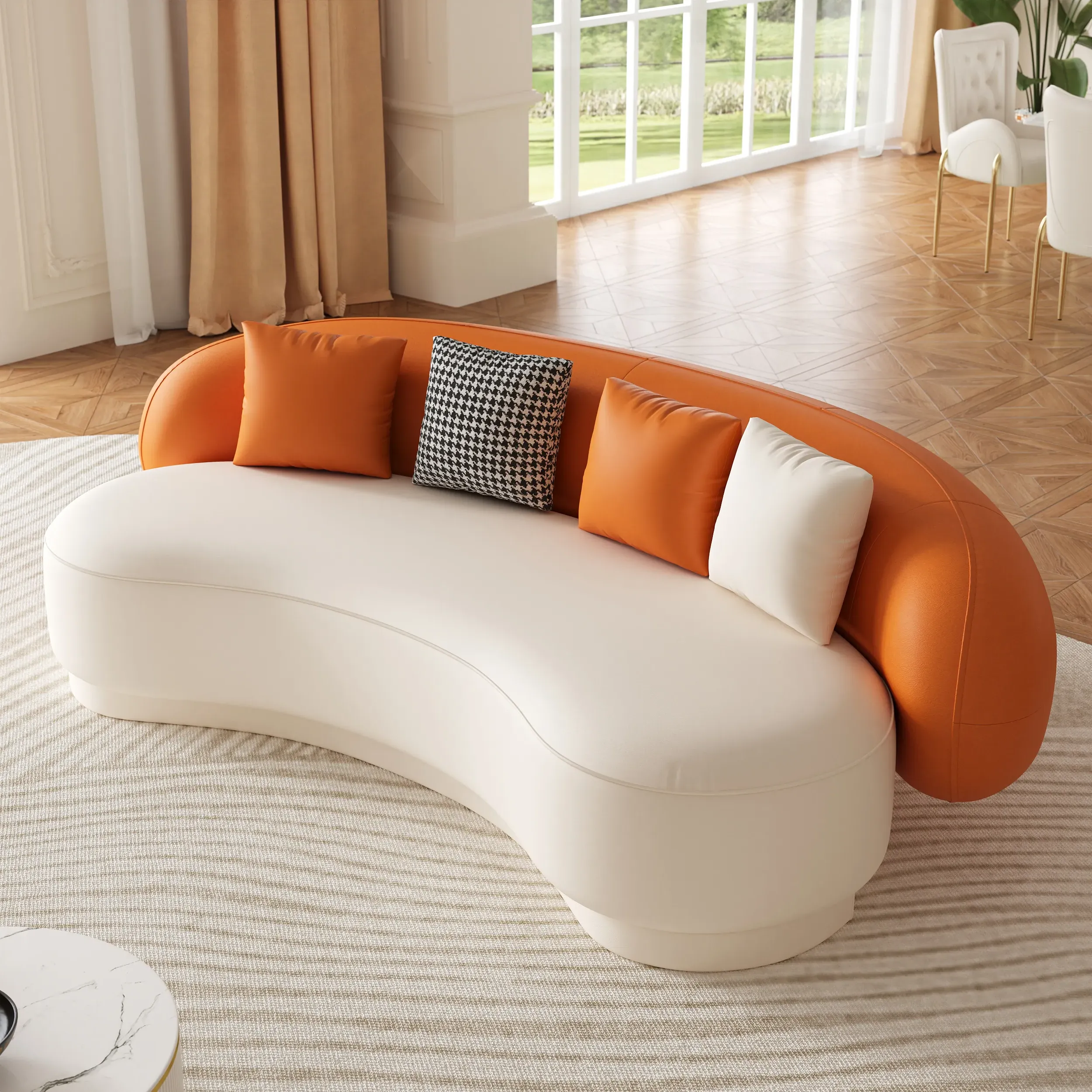 3-Seater Curved Sofa - Orange & White, Performance Leather product