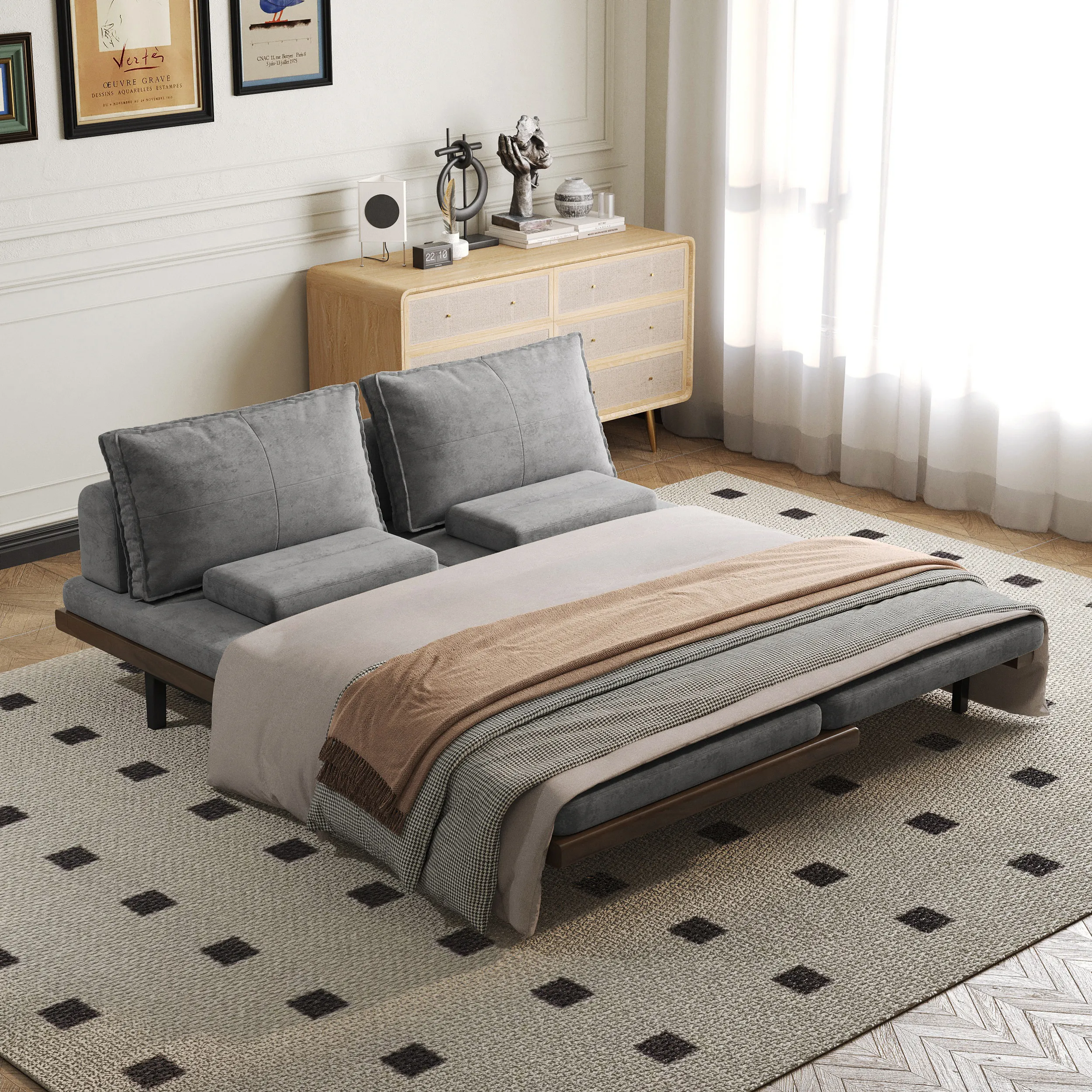 3-Seater Pull Out Sofa Bed - Grey, Cotton & Linen product