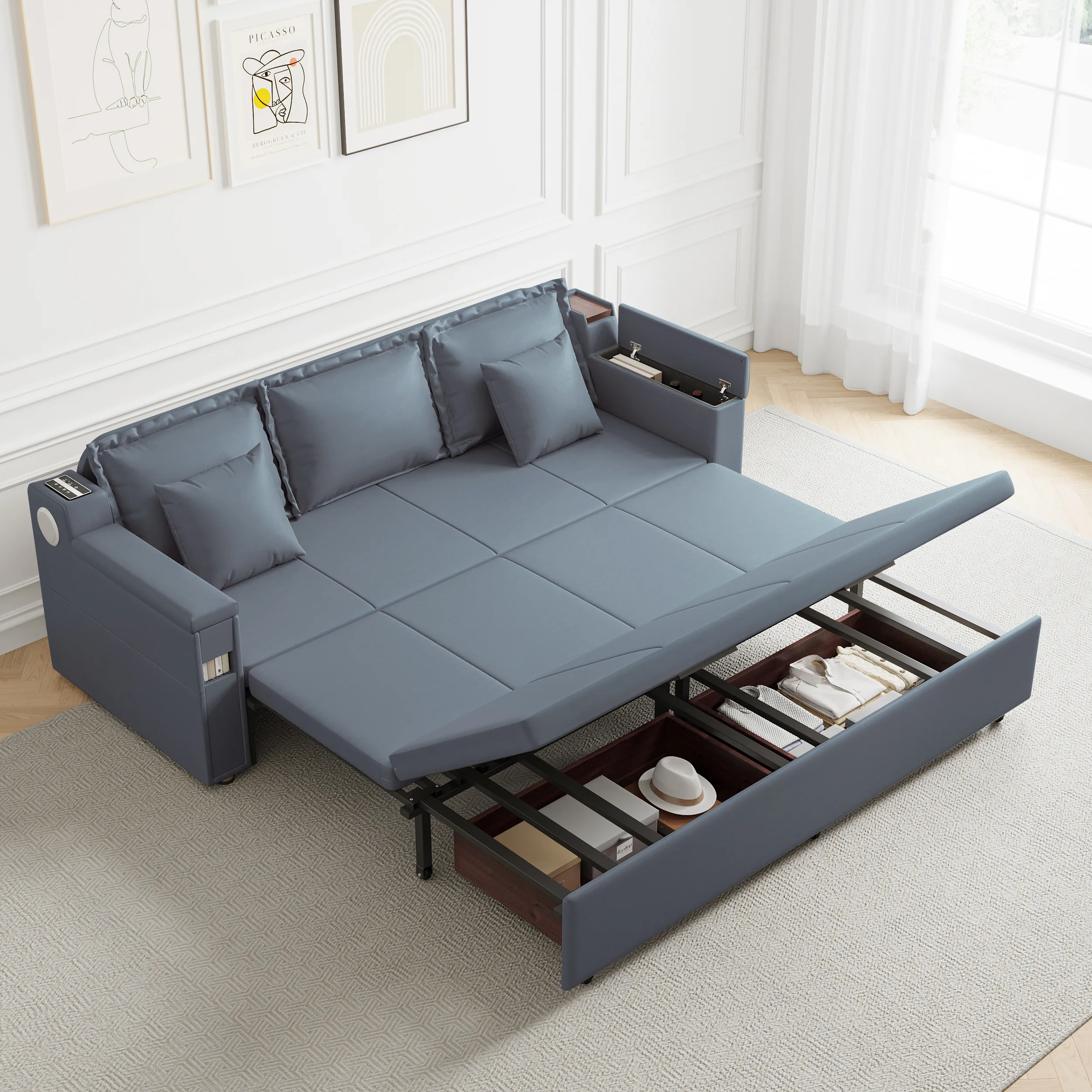 3-Seater Sleeper Sofa with Storage and Bluetooth Speaker - PU Leather product