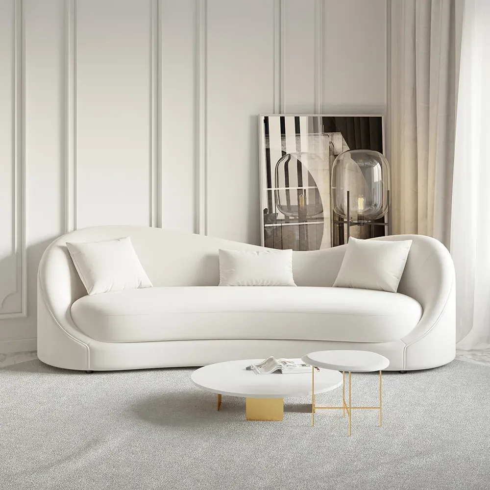 3-Seater Sofa with Curved Backrest - Off White, Velvet product