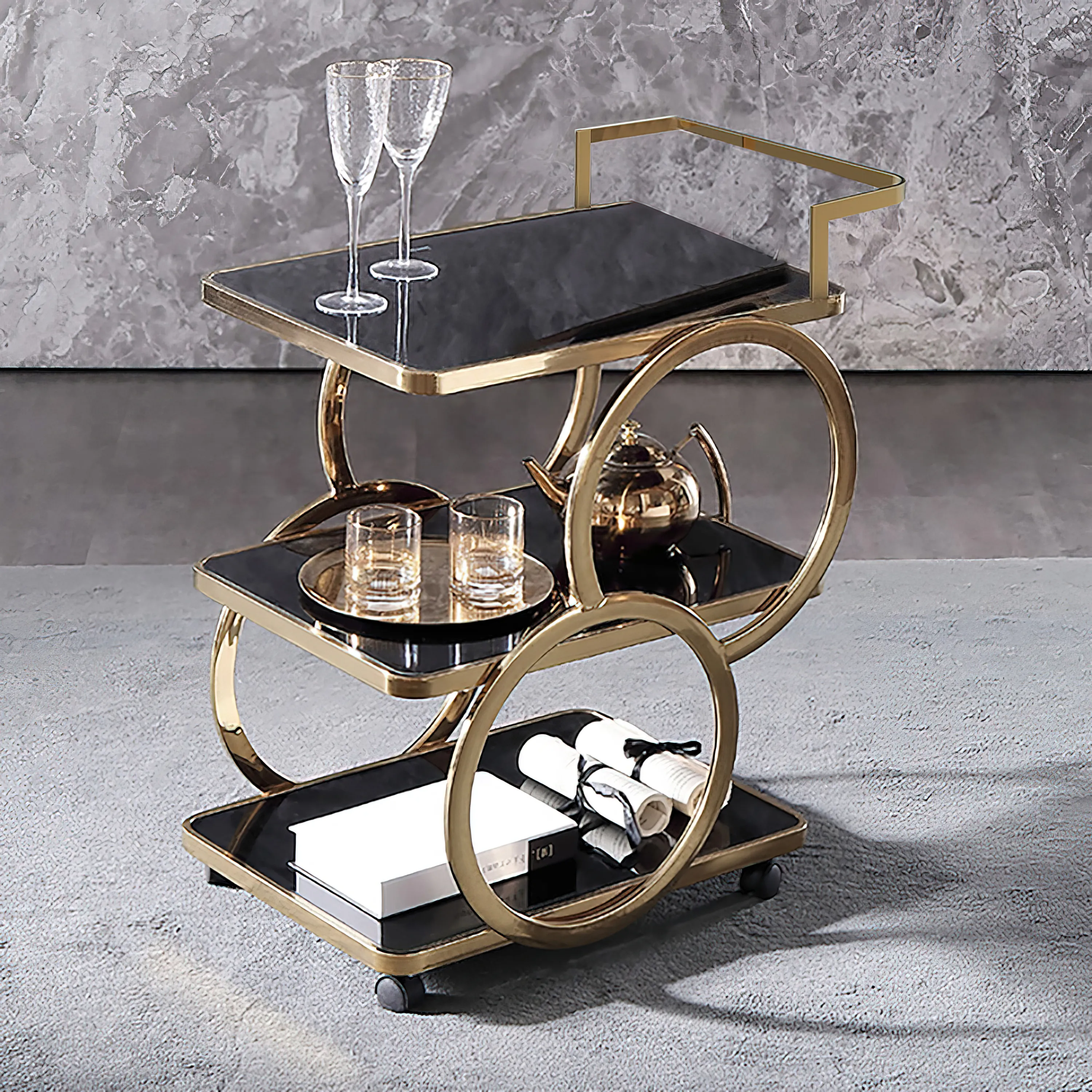 3-Tier Rolling Bar Cart with Handle - Black, Stainless Steel product