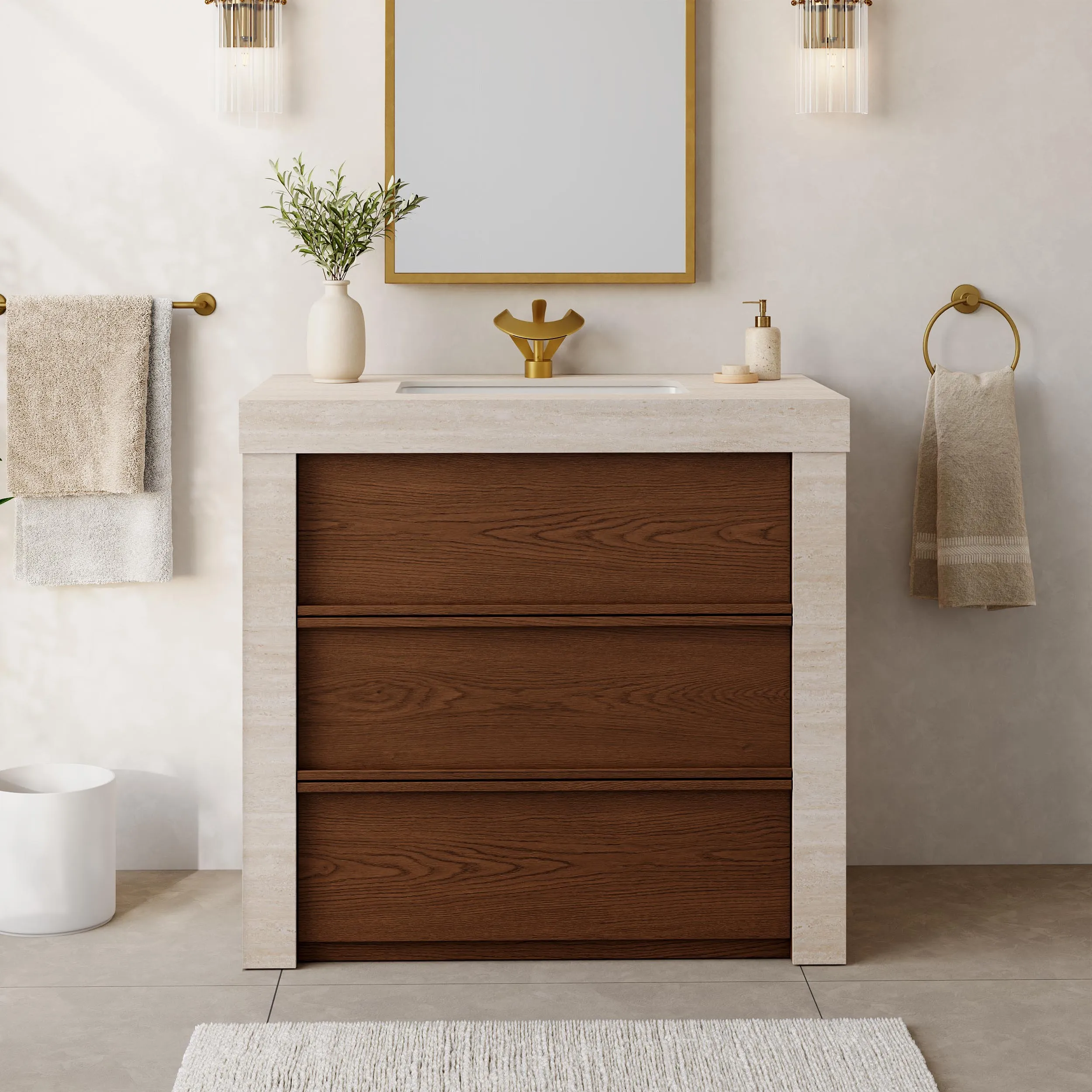 36" Single Bathroom Vanity with Ceramic Sink - Walnut, Sintered Stone product