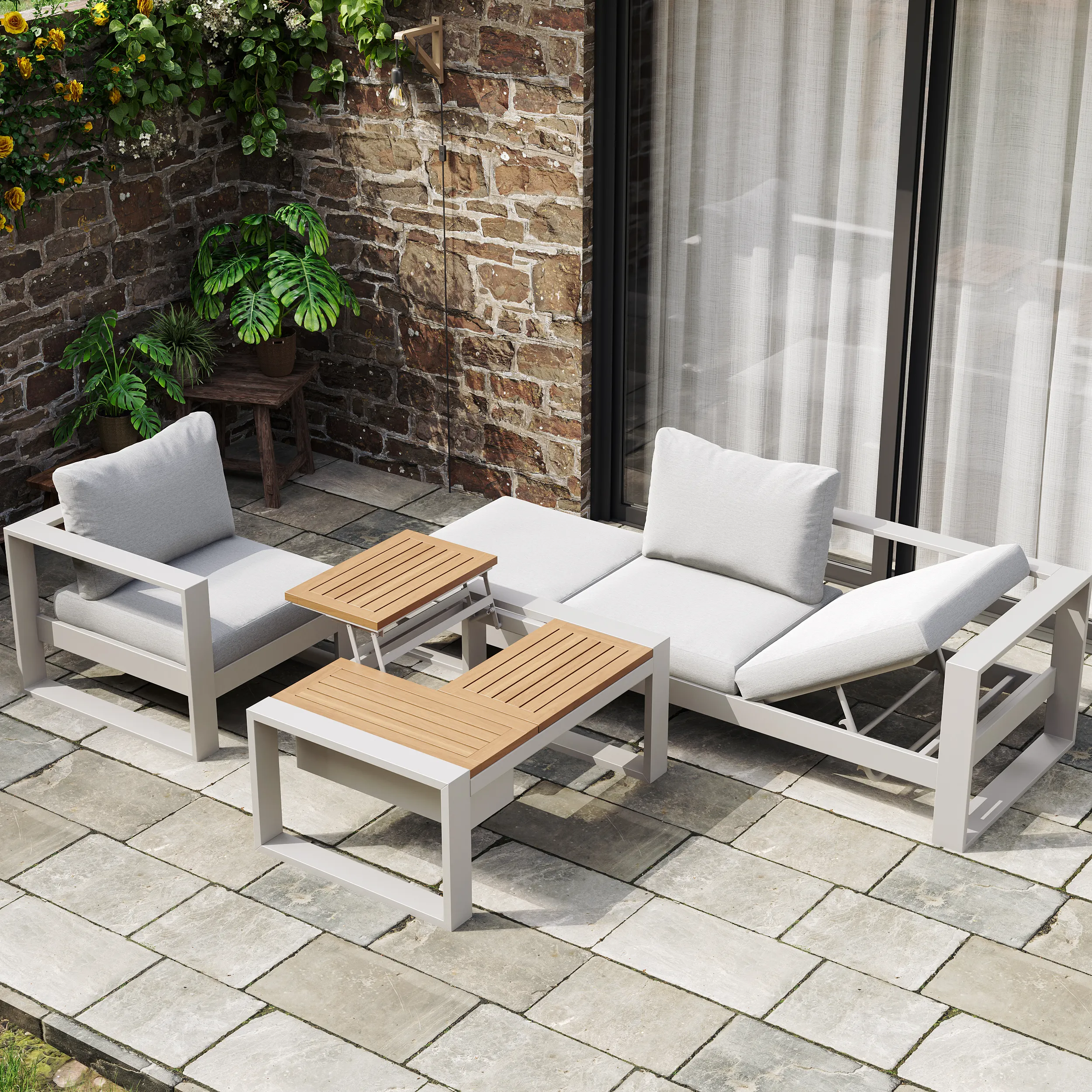 4-Piece Modular Garden Sofa Set with Storage - Light Grey, Aluminium & Acacia product