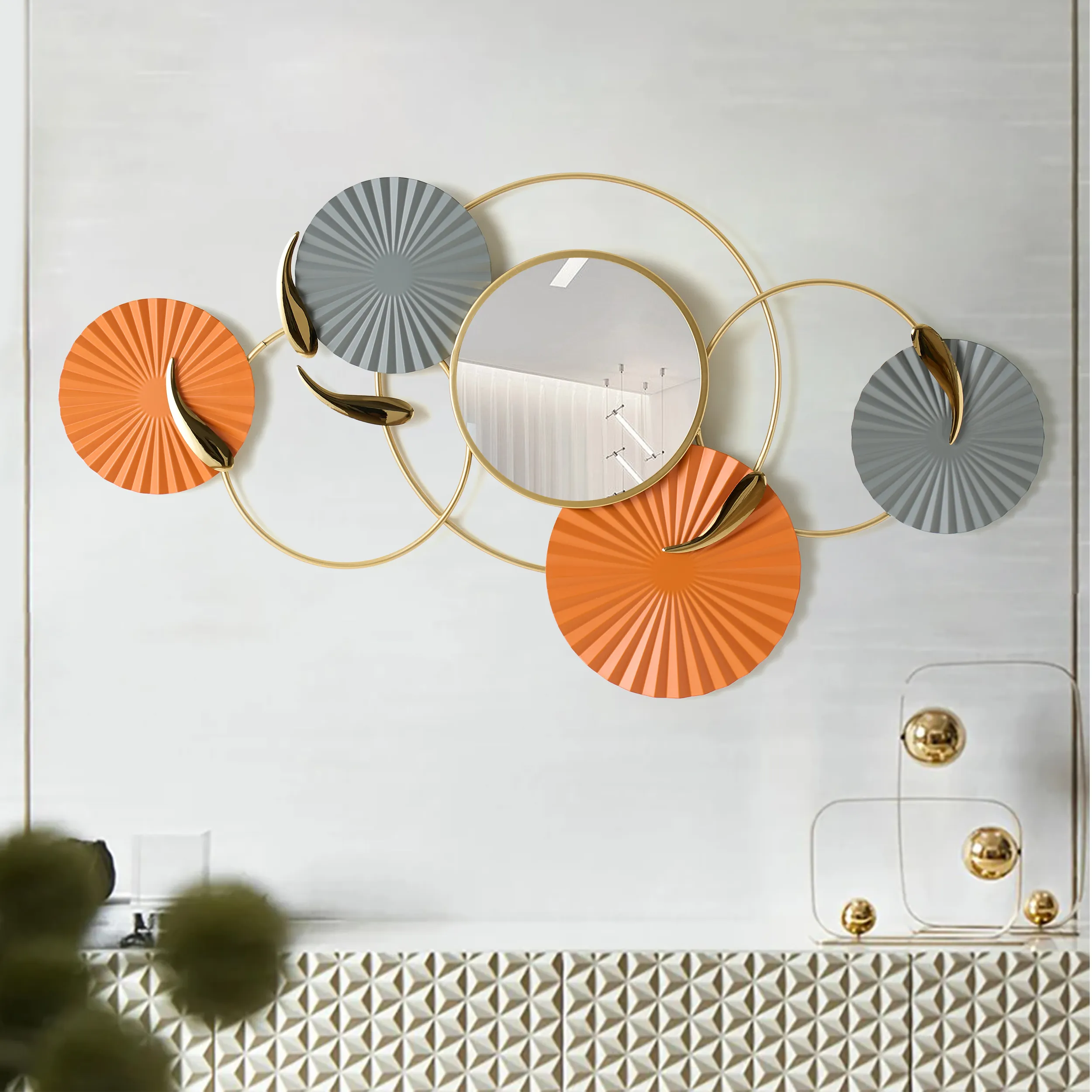 46" Geometric Iron Art Wall Mirror - Orange, Gray product