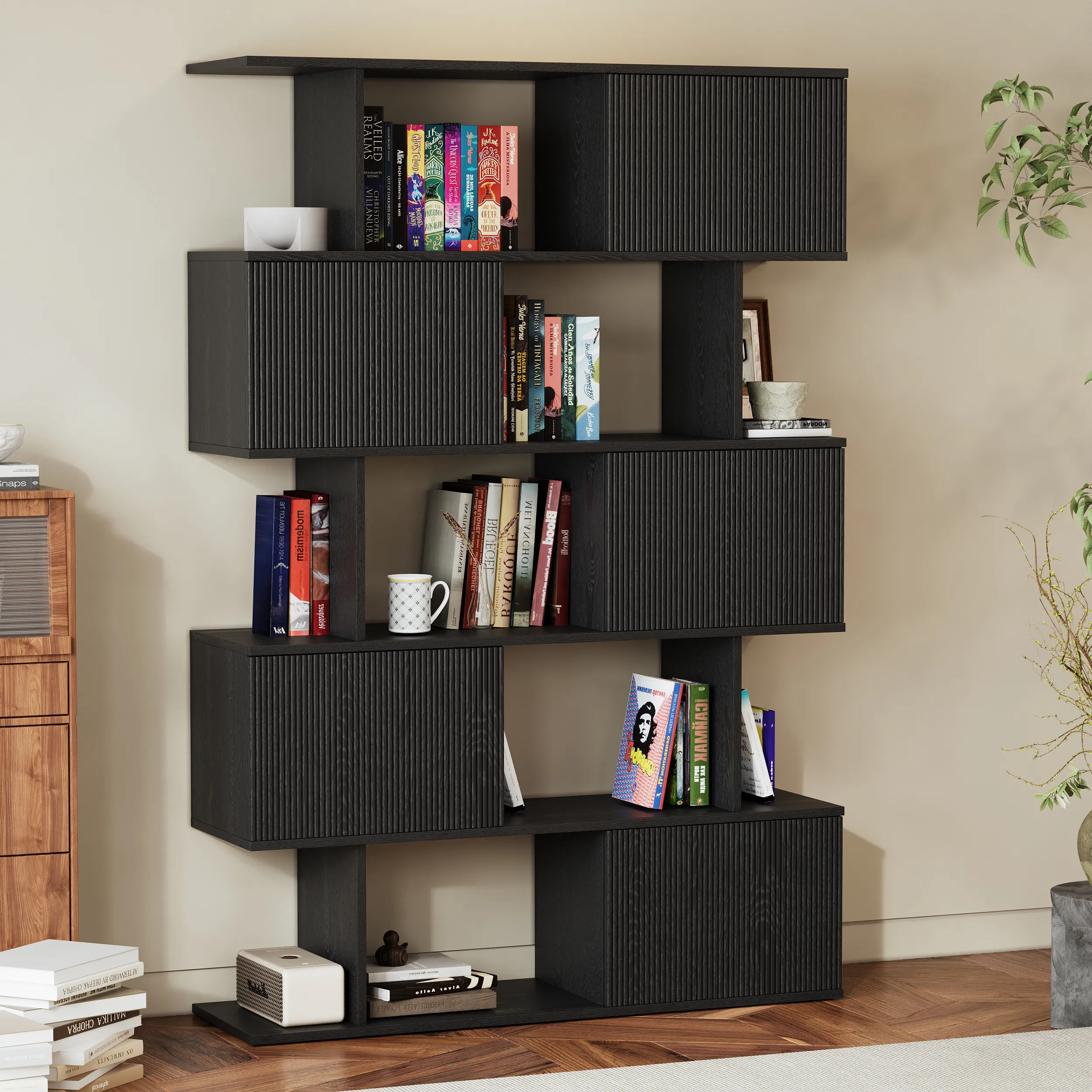 5-Shelf Etagere Bookshelf with Sliding Doors - Black, Veneer product