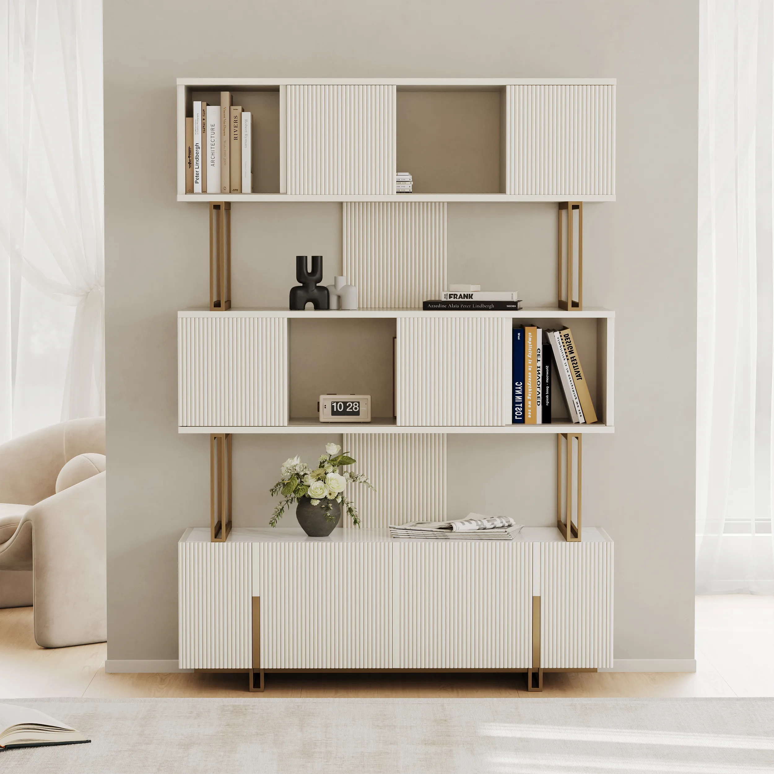 5-Shelf Tall Bookcase with Sliding Fluted Doors - Glossy Ivory product