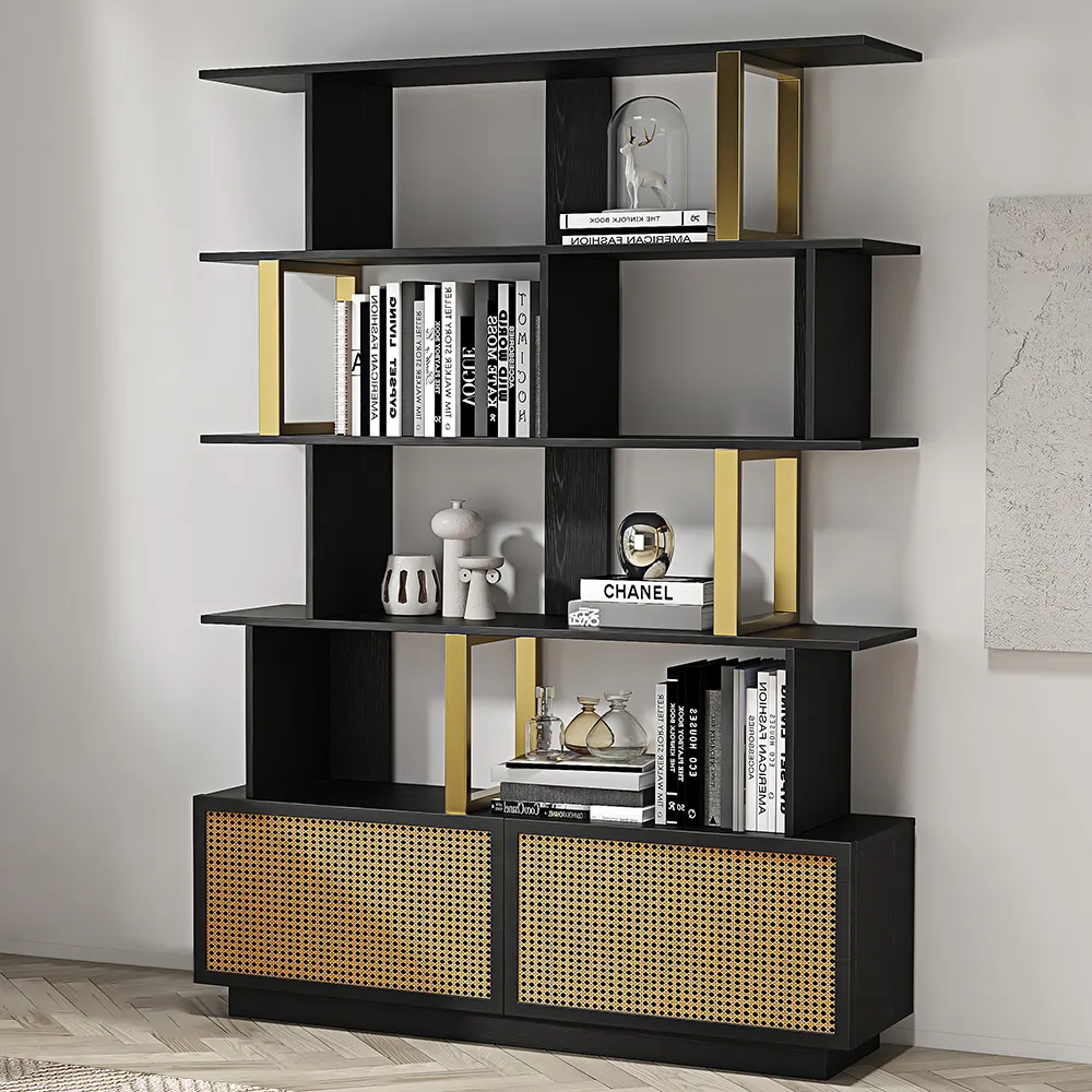 5-Tier Bookcase with 2 Doors - Black, Gold Hardware product