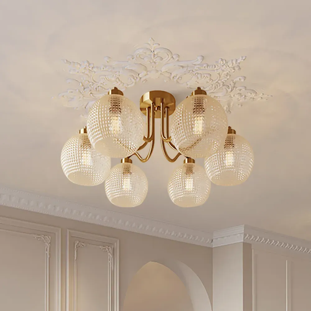6-Bulb Globe Semi Flush Chandelier - Gold, Clear Glass product